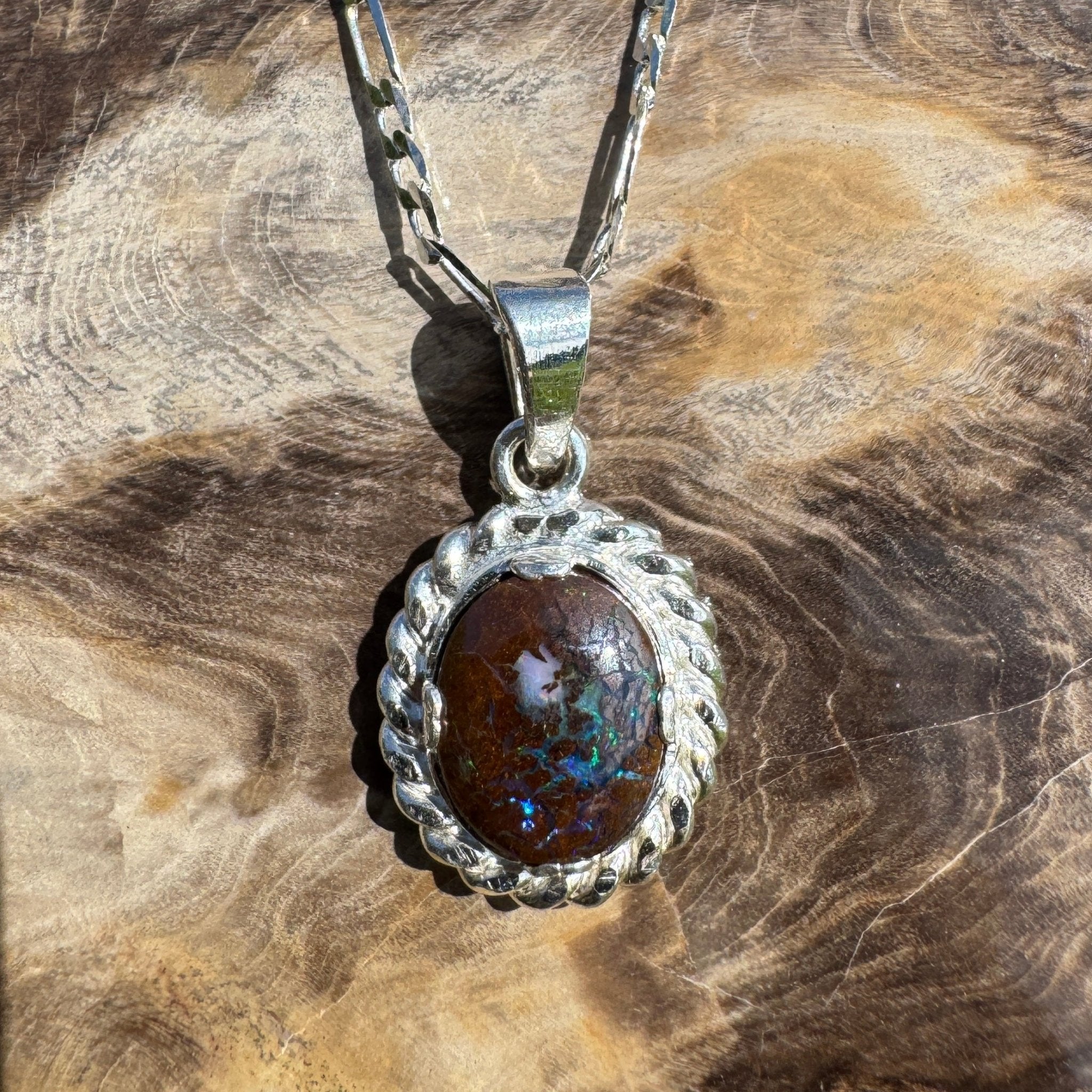 Chambers Pillar Flame ~ Queensland Boulder Opal 925 Sterling Silver Pendant Necklace