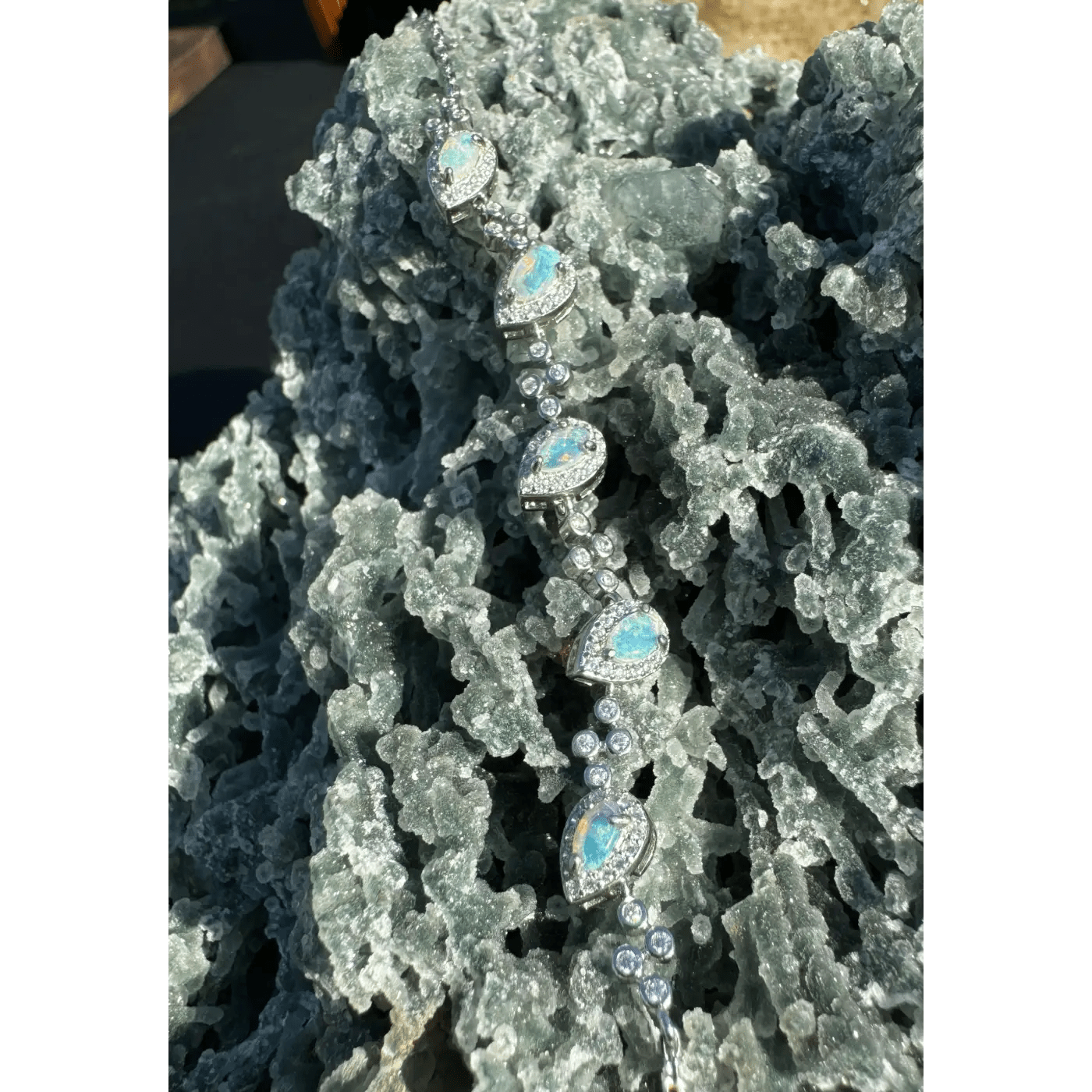 'Coastal Breeze' ~ Handcrafted 1.5ct Mintabie Opal and Cubic Zirconia 925 Sterling Silver Bracelet