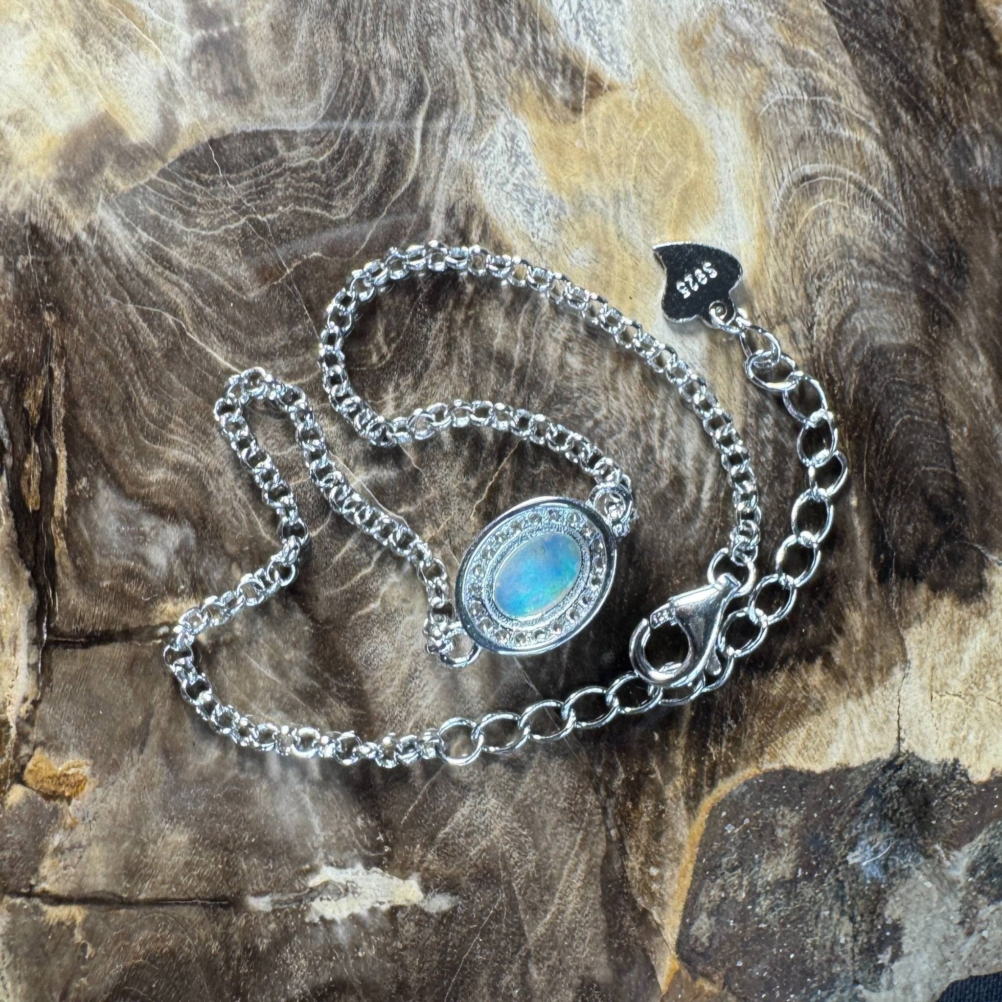 Coastal Drifting ~ 0.5ct Solid Lightning Ridge Opal and Cubic Zirconia 925 Silver Bracelet