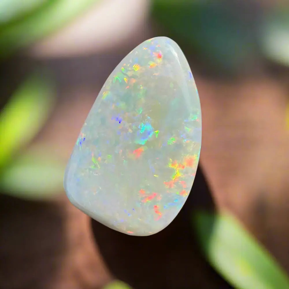 Iridescent Coober Pedy Opal gemstone displayed in the 8.4 carat solid hand-cut product