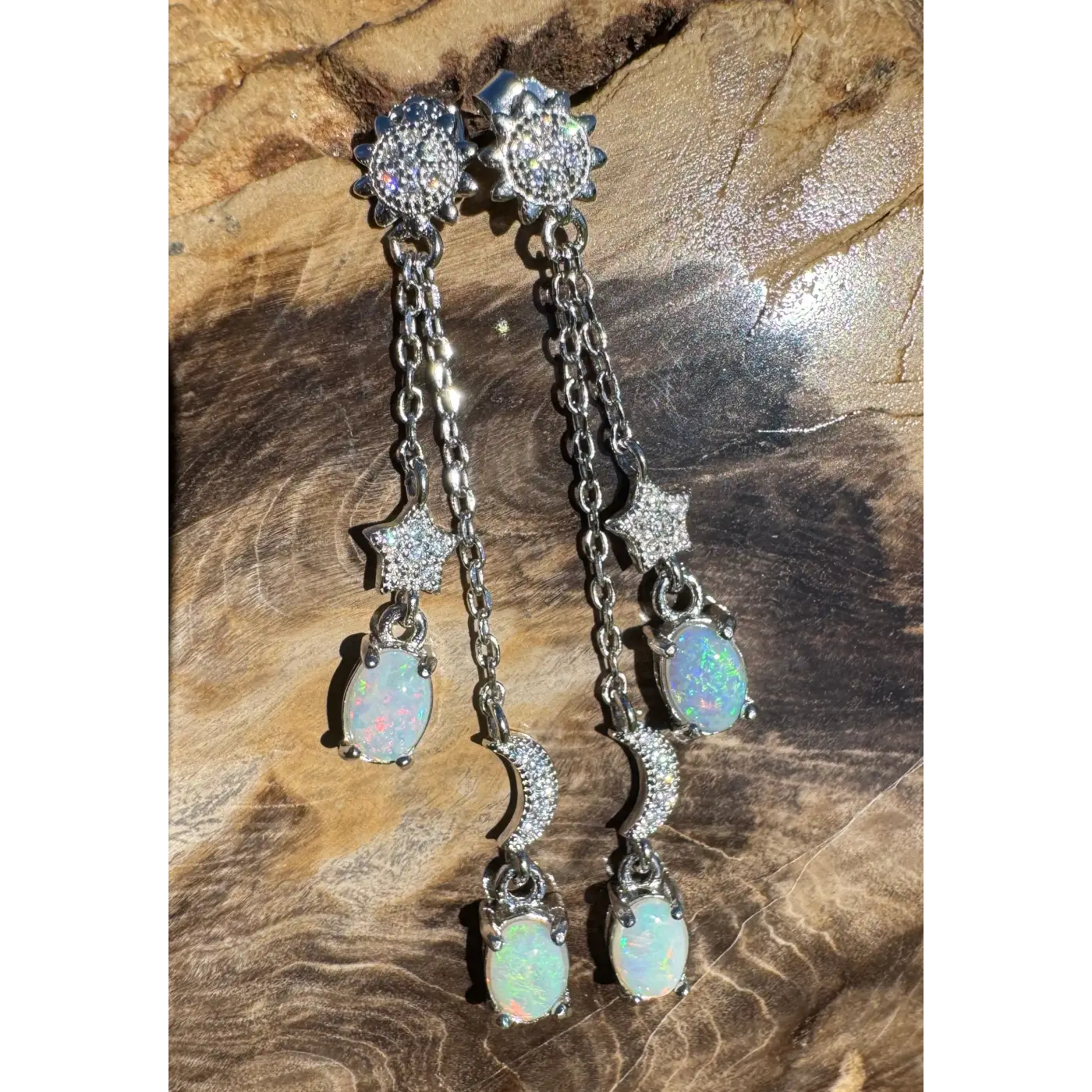 Silver celestial-themed opal drop earrings with Coober Pedy and Lightning Ridge opals