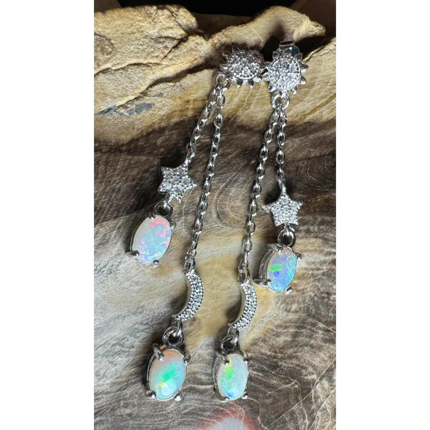 Silver opal dangle earrings featuring Coober Pedy and Lightning Ridge opals