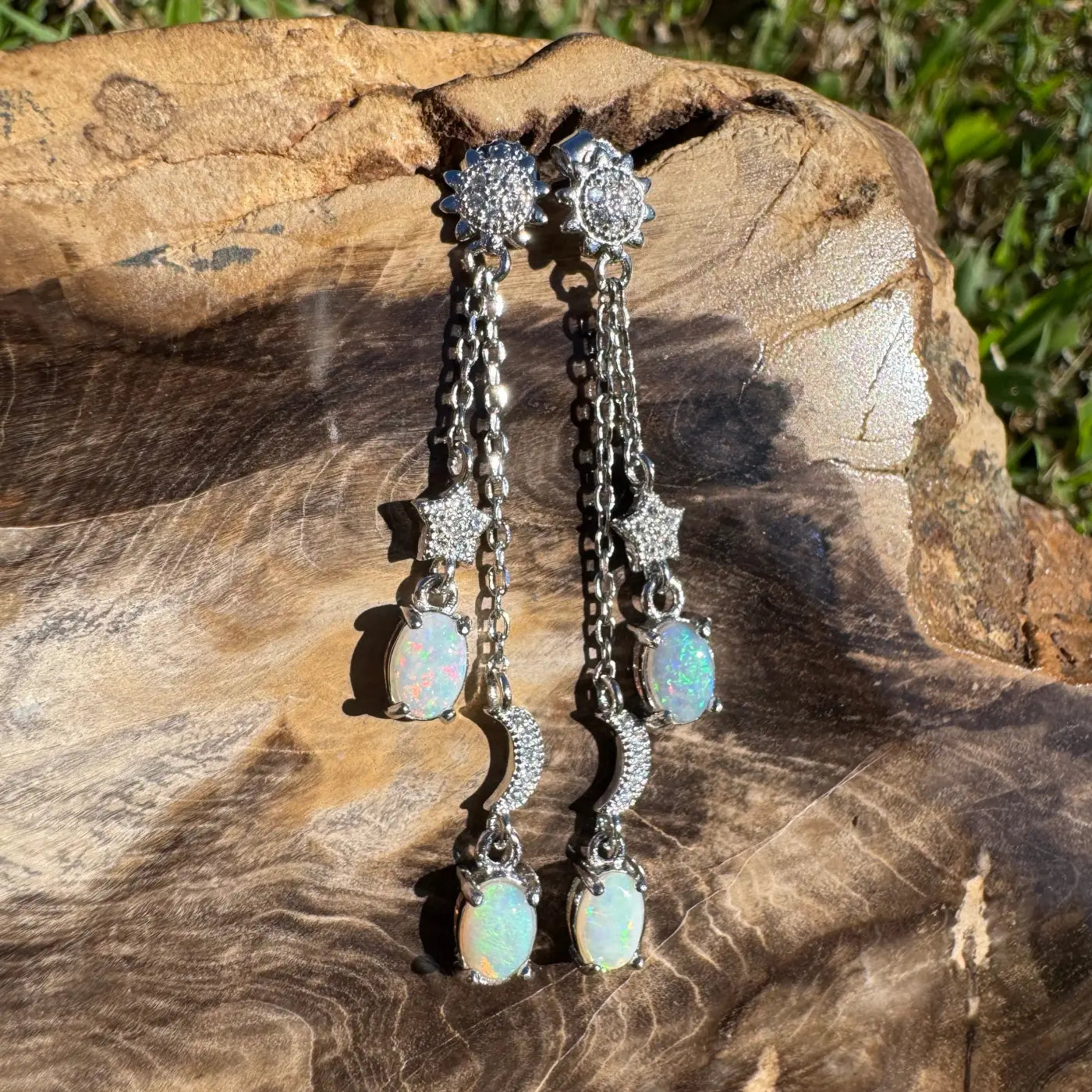 Silver opal celestial earrings featuring Coober Pedy and Lightning Ridge opals with cubic zirconia