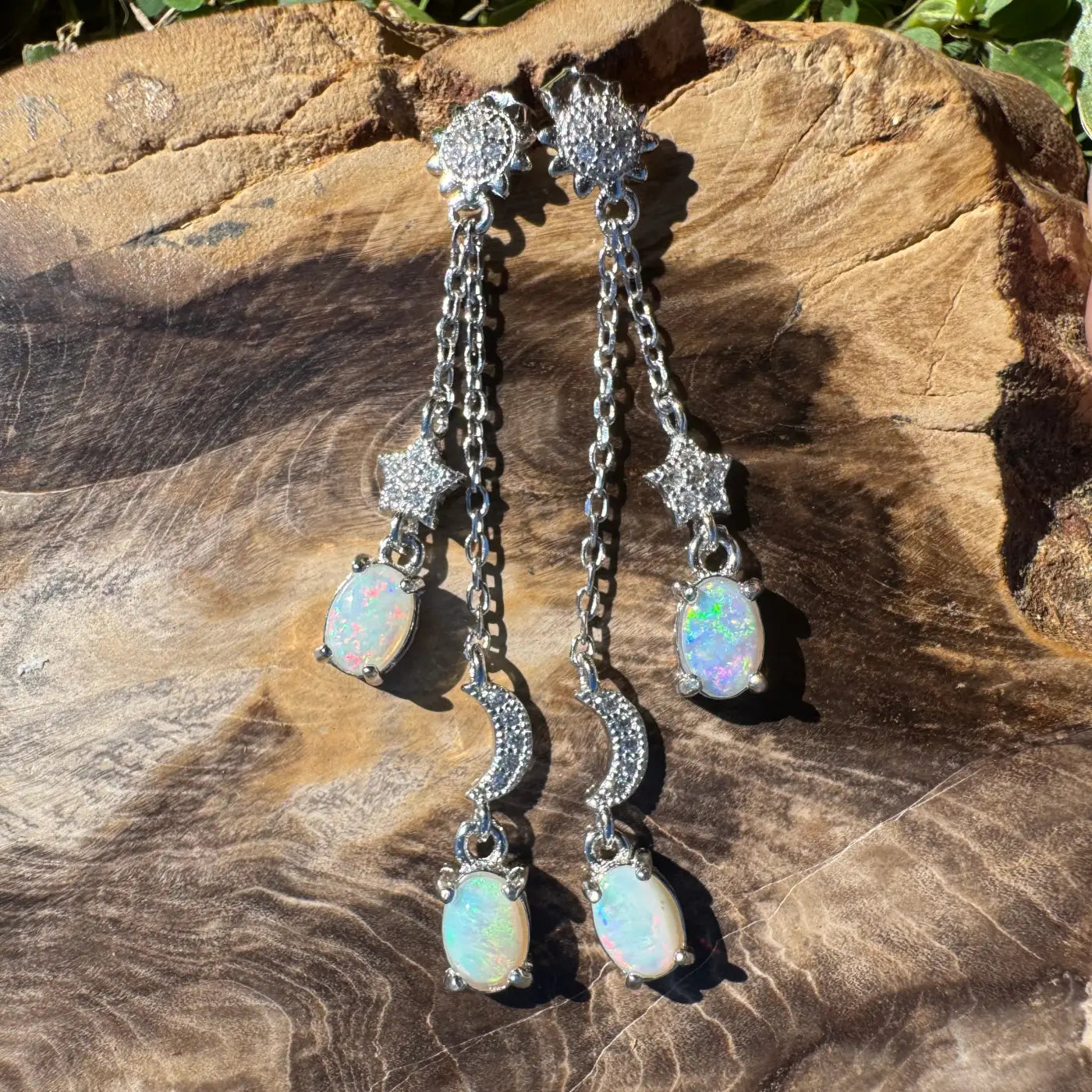 Silver opal dangle earrings with Coober Pedy and Lightning Ridge opals and cubic zirconia