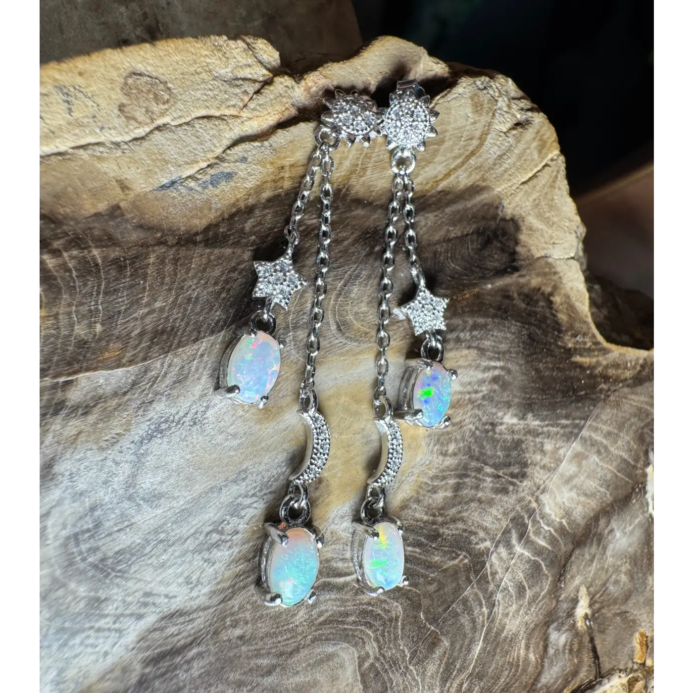 Dangling Coober Pedy and Lightning Ridge opal earrings with cubic zirconia accents