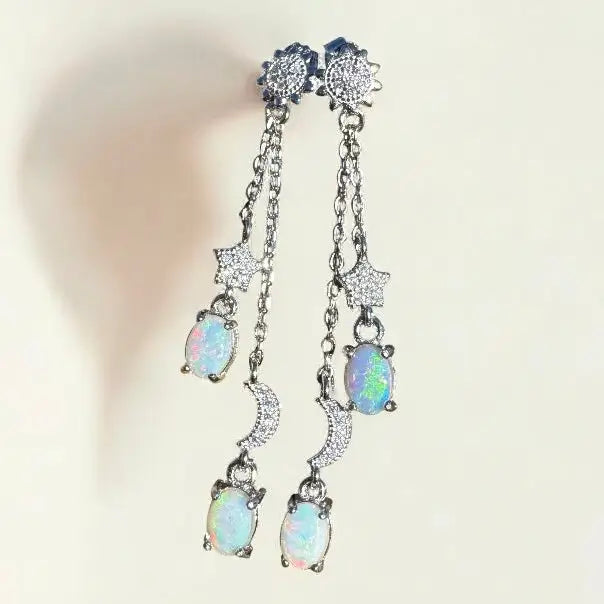 Silver opal celestial earrings featuring Coober Pedy and Lightning Ridge opals with cubic zirconia