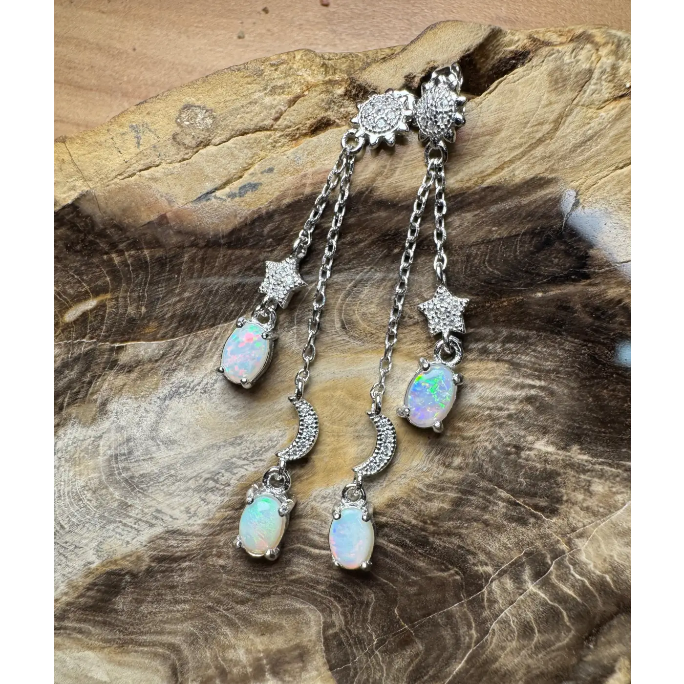 Silver celestial-themed opal earrings featuring Coober Pedy and Lightning Ridge opals