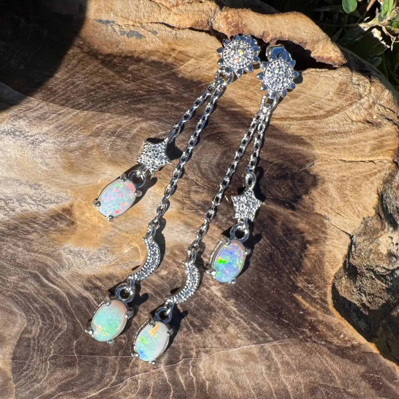 Silver opal drop earrings featuring Coober Pedy and Lightning Ridge opals with cubic zirconia