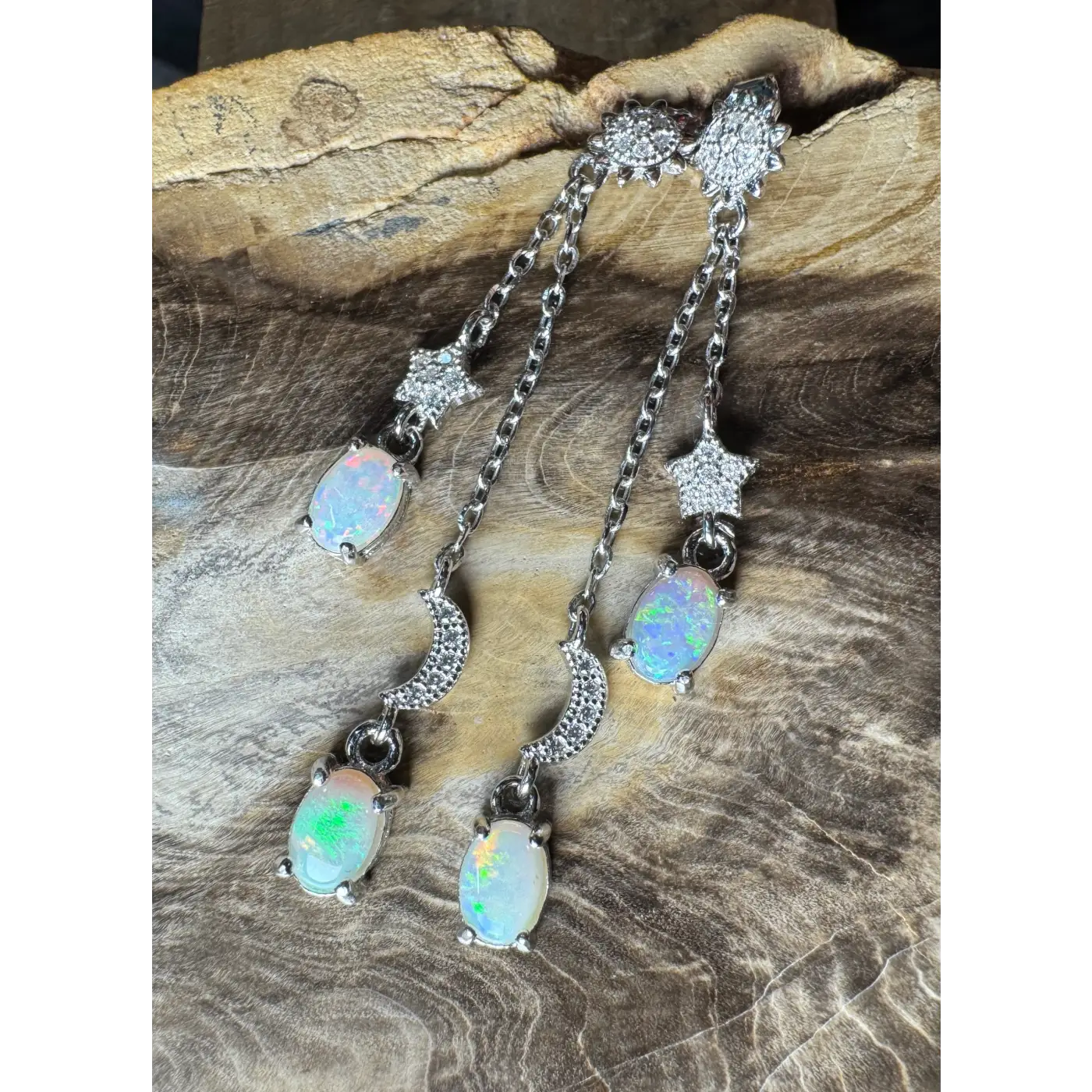 Silver opal dangle earrings featuring handcrafted Coober Pedy and Lightning Ridge opals
