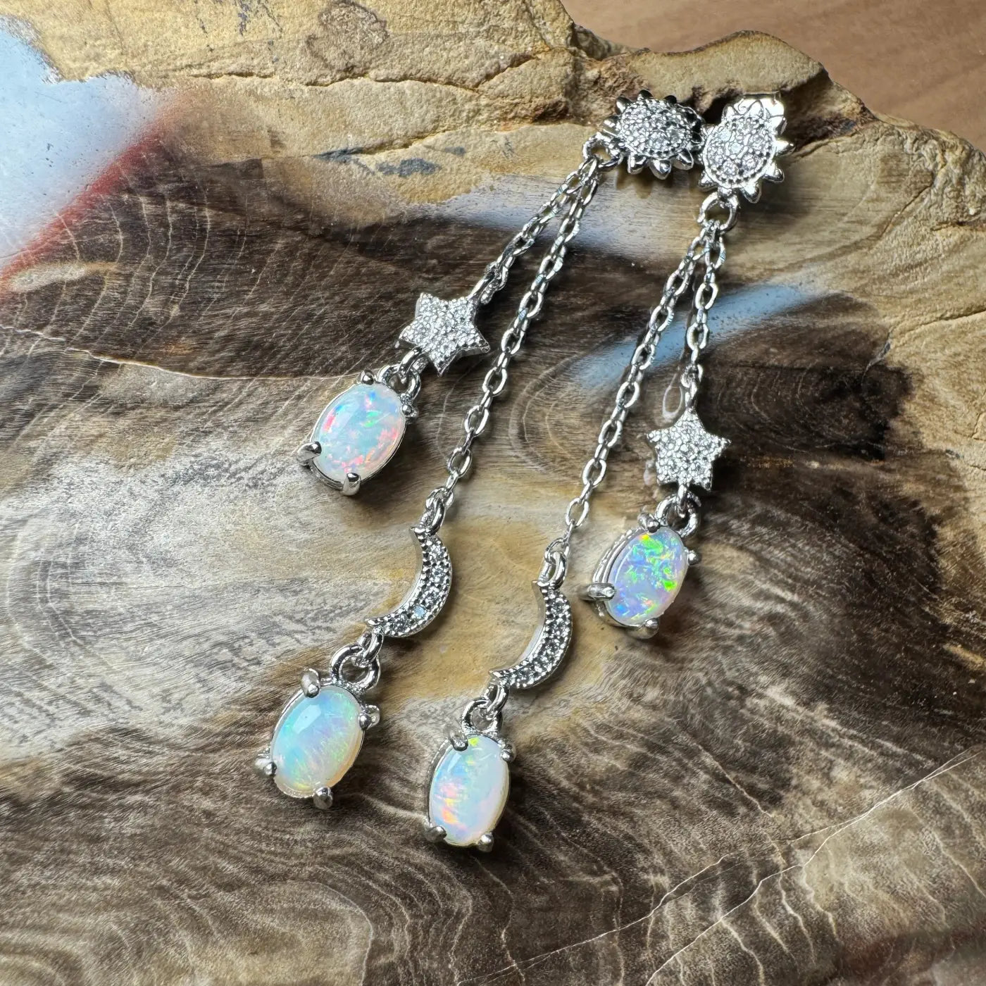 Silver opal dangle earrings with Coober Pedy and Lightning Ridge opals and cubic zirconia