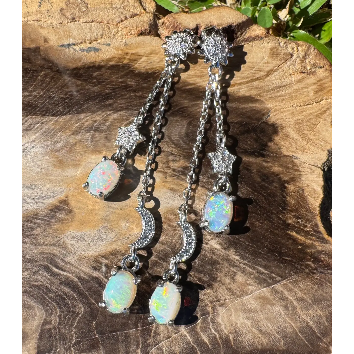 Silver opal dangle earrings featuring Coober Pedy, Lightning Ridge opals, and cubic zirconia