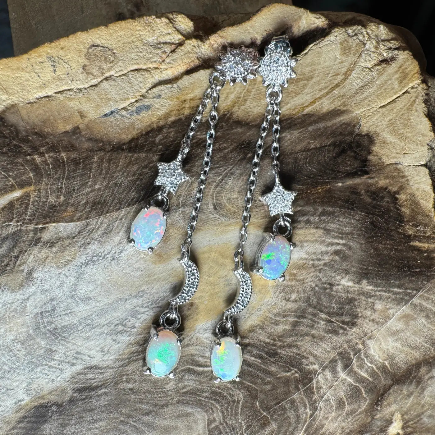 Silver opal dangle earrings featuring handcrafted Coober Pedy and Lightning Ridge Opals