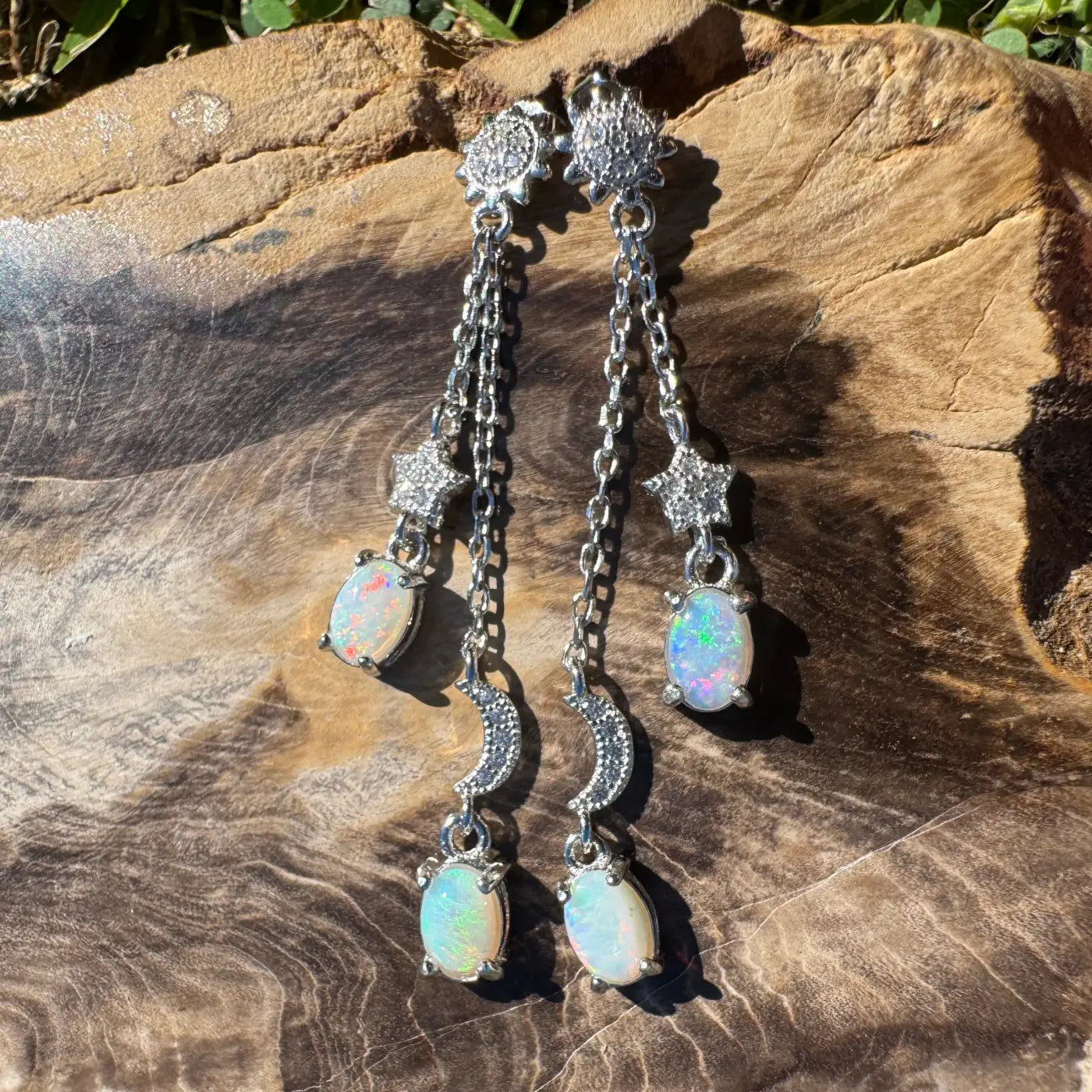 Silver opal dangle earrings with Coober Pedy and Lightning Ridge opals and cubic zirconia