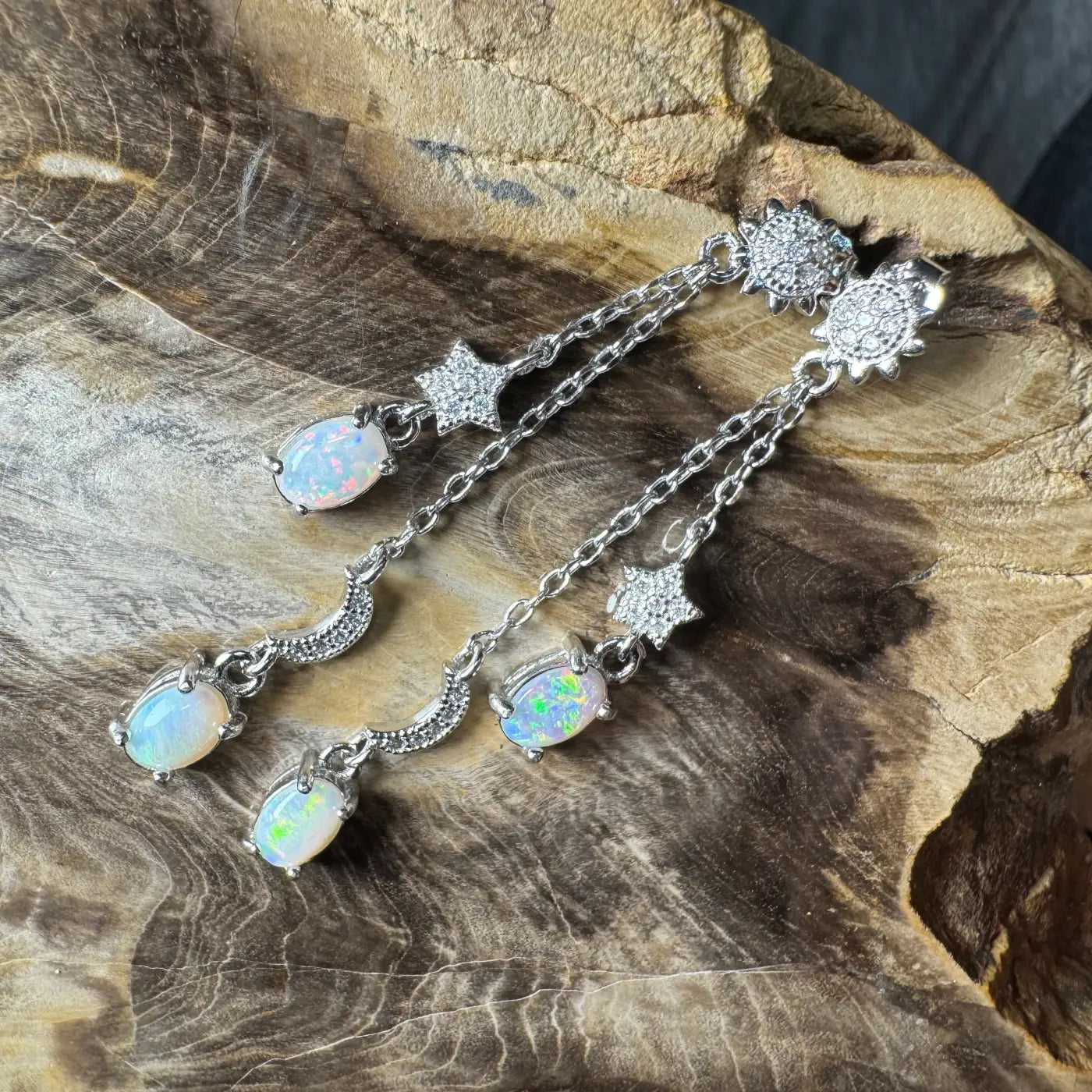 Silver opal dangle earrings with Coober Pedy and Lightning Ridge opals and cubic zirconia