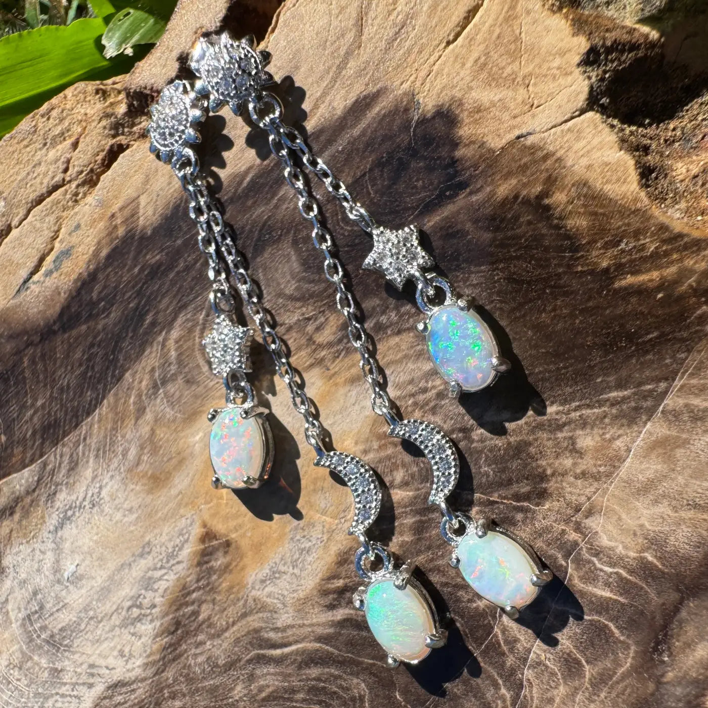 Silver opal celestial drop earring from Coober Ridge Echos featuring solid Coober Pedy and Lightning Ridge Opals