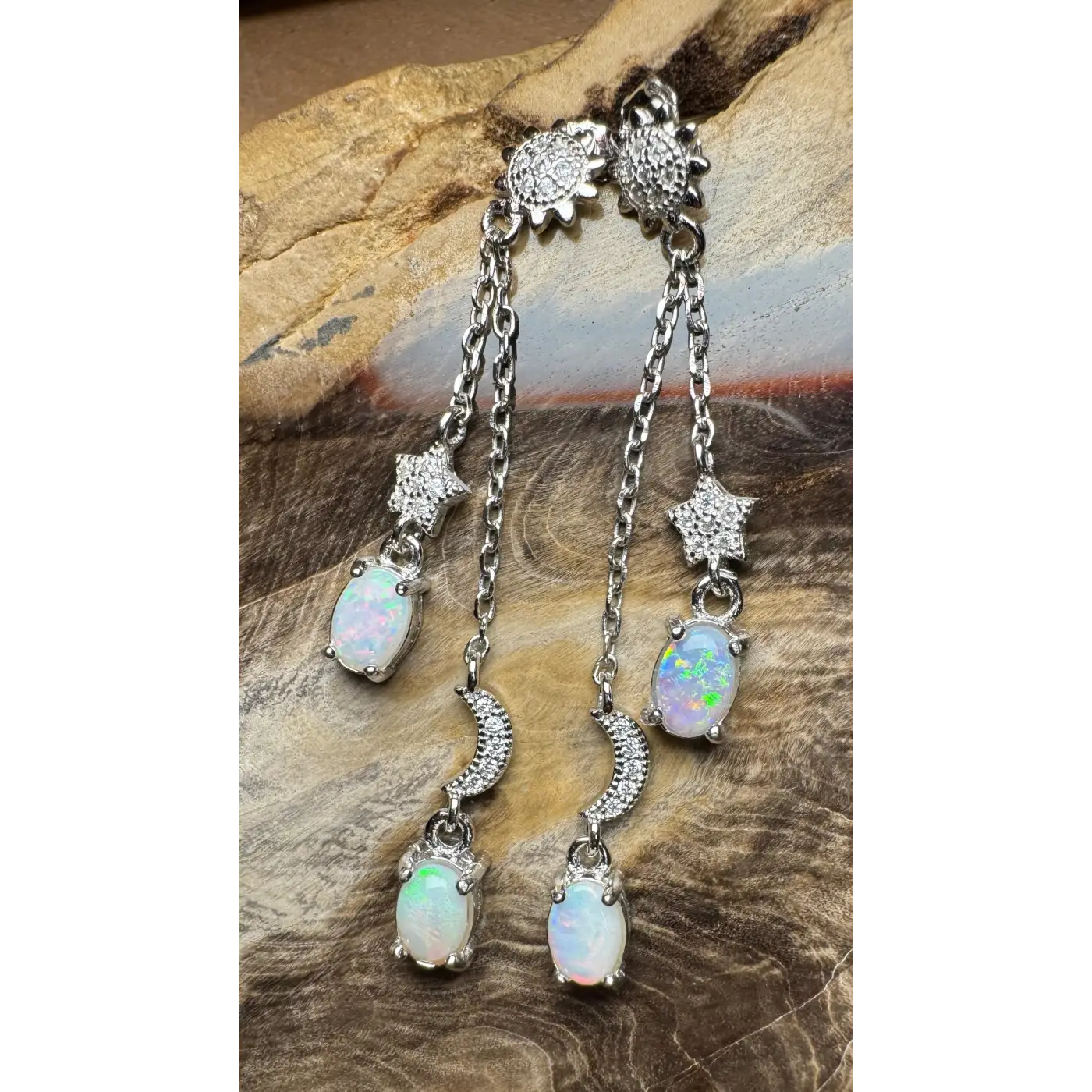 Silver opal dangle earrings from Coober Ridge Echoes featuring Coober Pedy and Lightning Ridge Opals