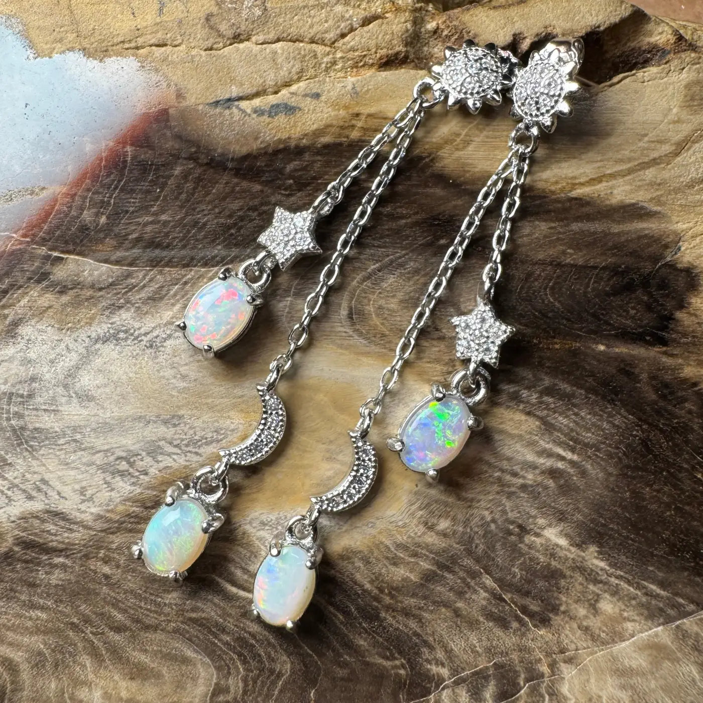 Silver opal celestial earrings from Coober Ridge Echos featuring Coober Pedy and Lightning Ridge opals