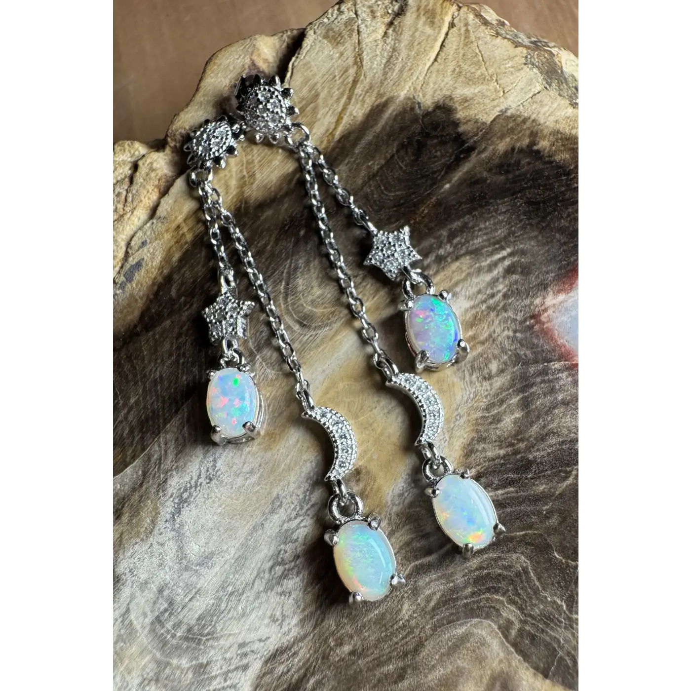 Opal and silver dangle earrings featuring Coober Pedy and Lightning Ridge opals