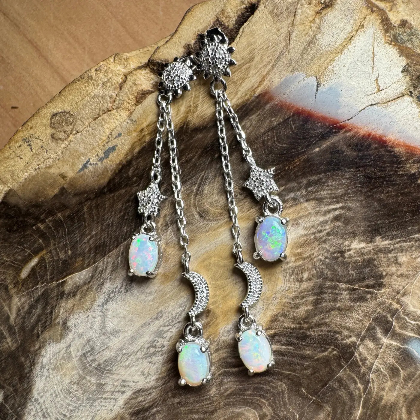 Silver opal celestial earrings featuring handcrafted Coober Pedy and Lightning Ridge opals