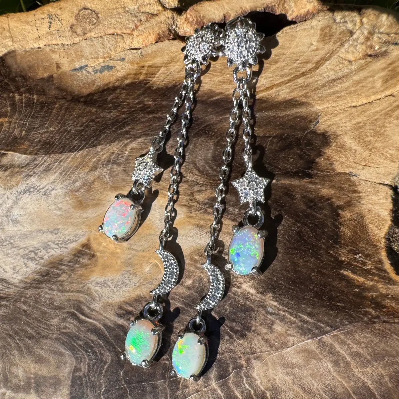 Silver opal dangle earrings featuring Coober Pedy and Lightning Ridge opals