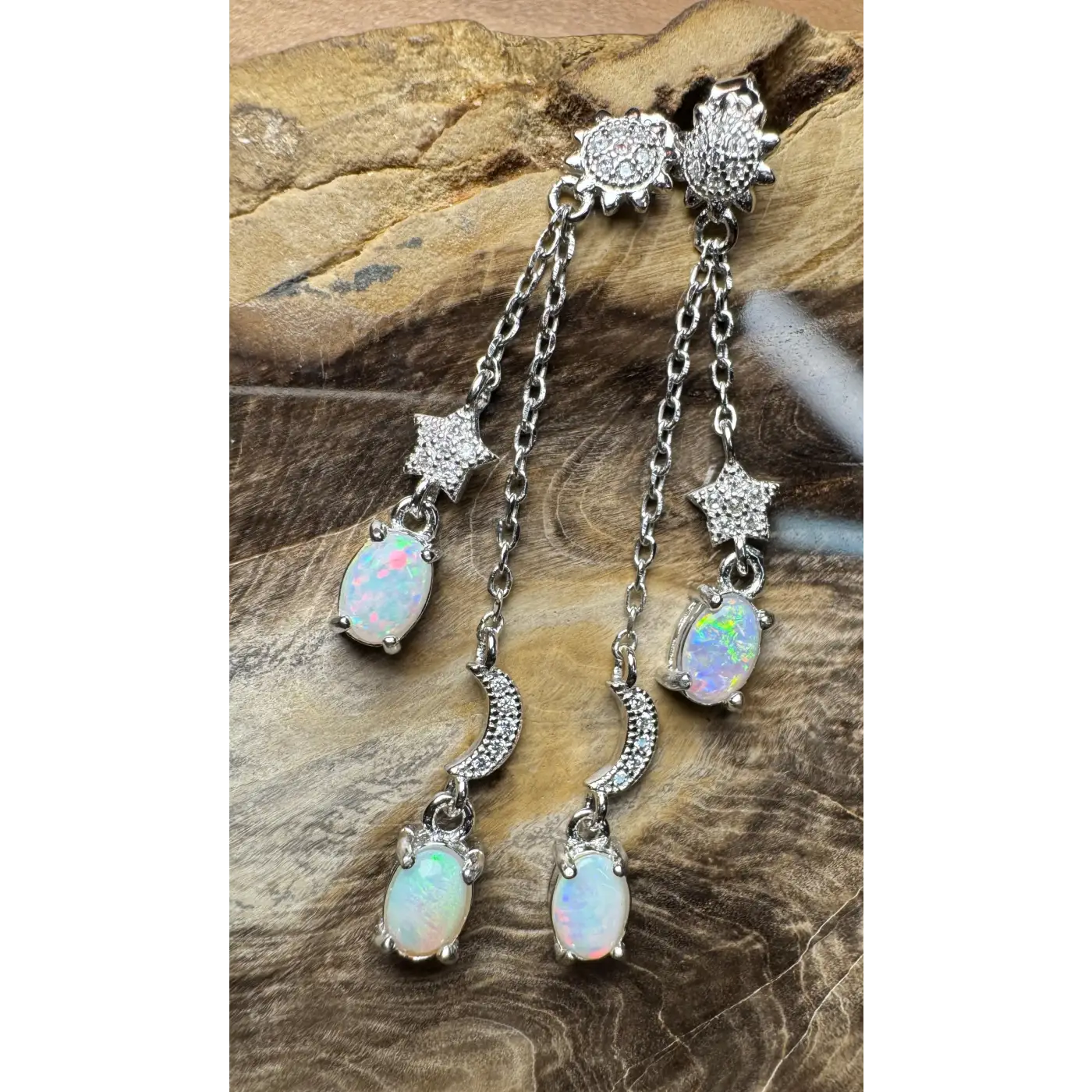 Dangling Coober Pedy and Lightning Ridge opal silver earrings with cubic zirconia