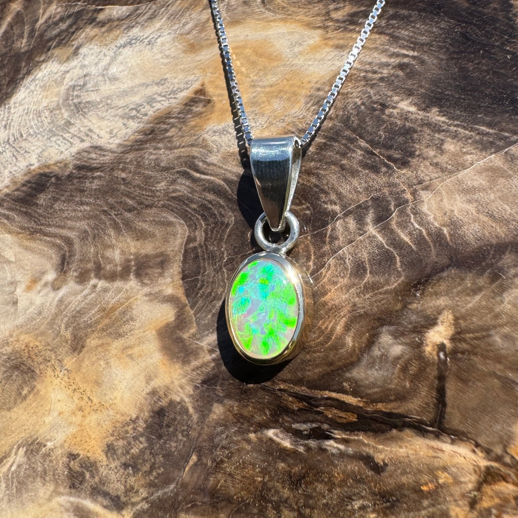 Coral Bay Drift ~ 1.7ct Solid Lightning Ridge Crystal Opal Two - tone 9ct Gold and 925 Sterling Silver Pendant Necklace
