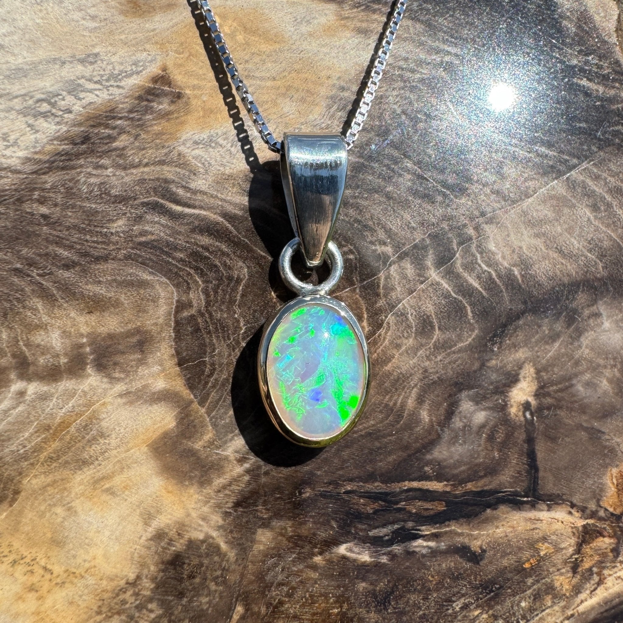 Coral Bay Drift ~ 1.7ct Solid Lightning Ridge Crystal Opal Two - tone 9ct Gold and 925 Sterling Silver Pendant Necklace