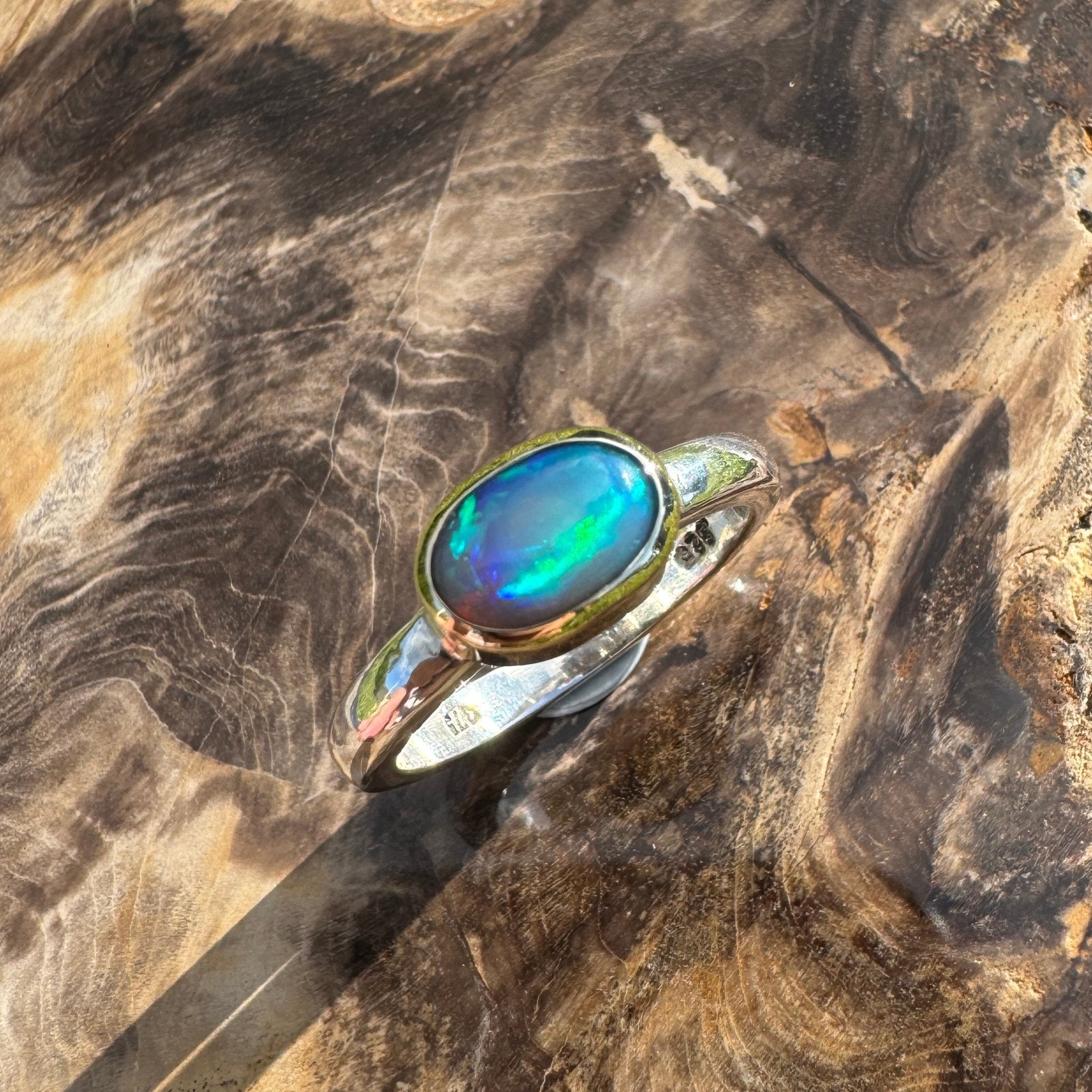 Coral Bay Glow - 1.7ct Solid Lightning Ridge Black Opal Two - Tone 9ct Gold & 925 Sterling Silver Ring