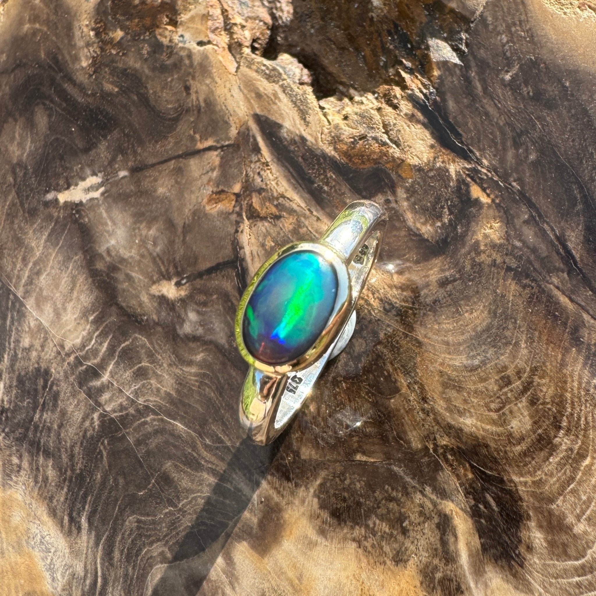 Coral Bay Glow - 1.7ct Solid Lightning Ridge Black Opal Two - Tone 9ct Gold & 925 Sterling Silver Ring