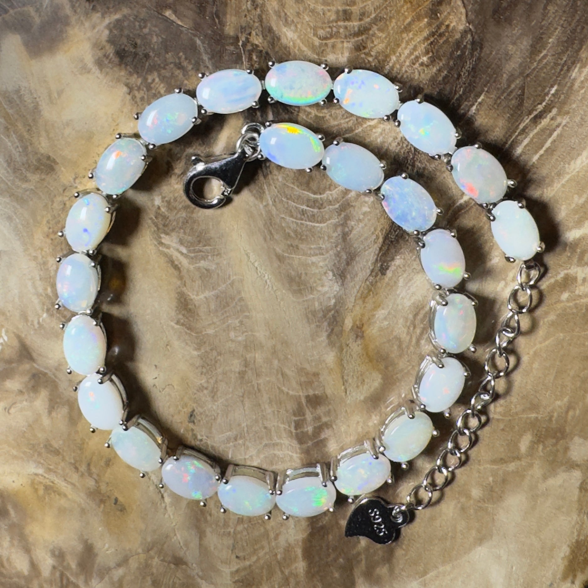 Coral Bay Shimmer ~ 7.2ct Coober Pedy Opal and Cubic Zirconia 925 Sterling Silver Bracelet