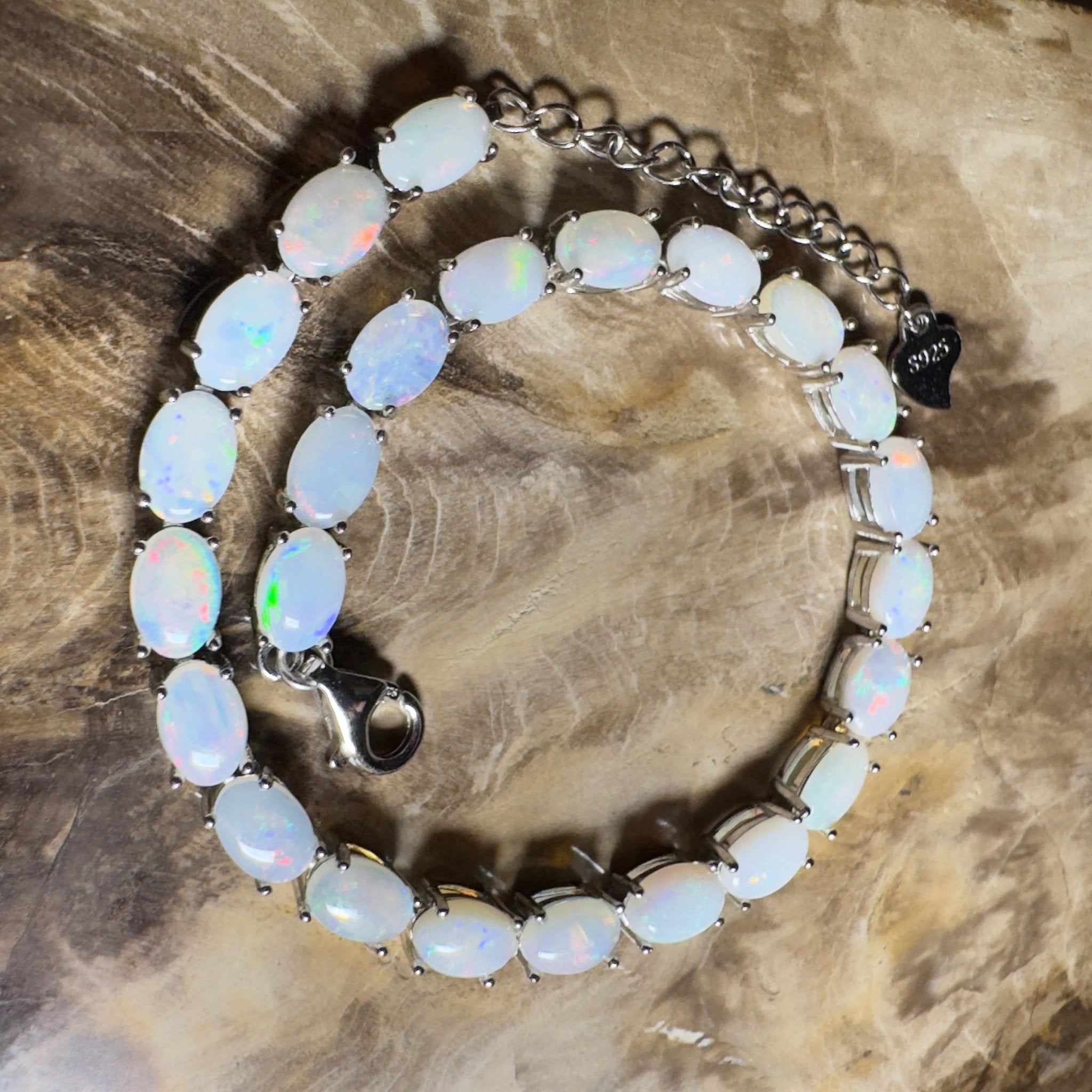 Coral Bay Shimmer ~ 7.2ct Coober Pedy Opal and Cubic Zirconia 925 Sterling Silver Bracelet