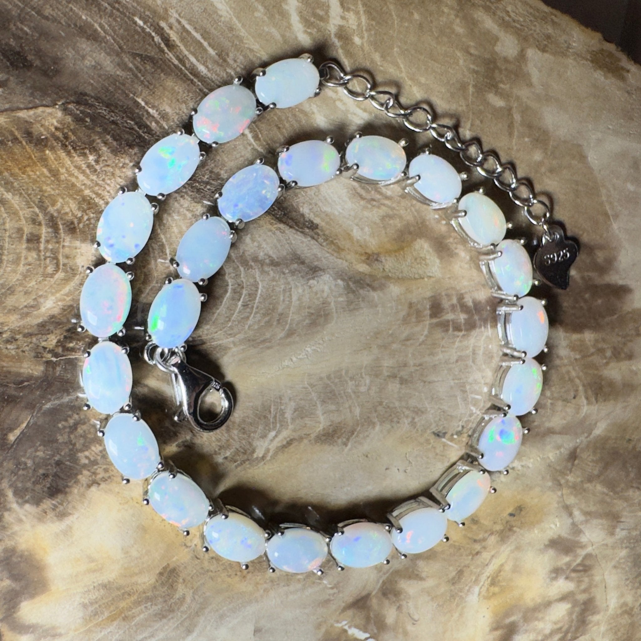 Coral Bay Shimmer ~ 7.2ct Coober Pedy Opal and Cubic Zirconia 925 Sterling Silver Bracelet