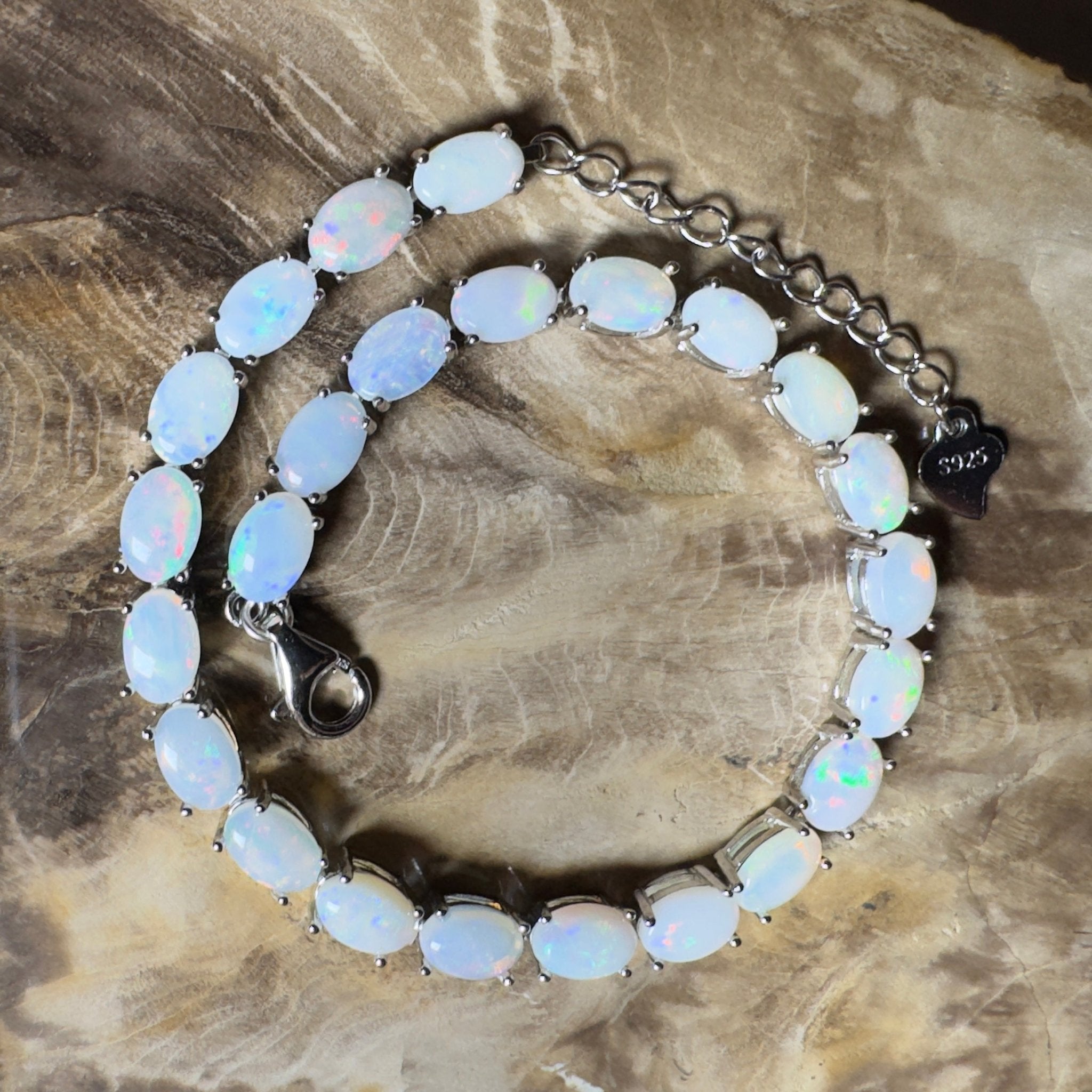 Coral Bay Shimmer ~ 7.2ct Coober Pedy Opal and Cubic Zirconia 925 Sterling Silver Bracelet