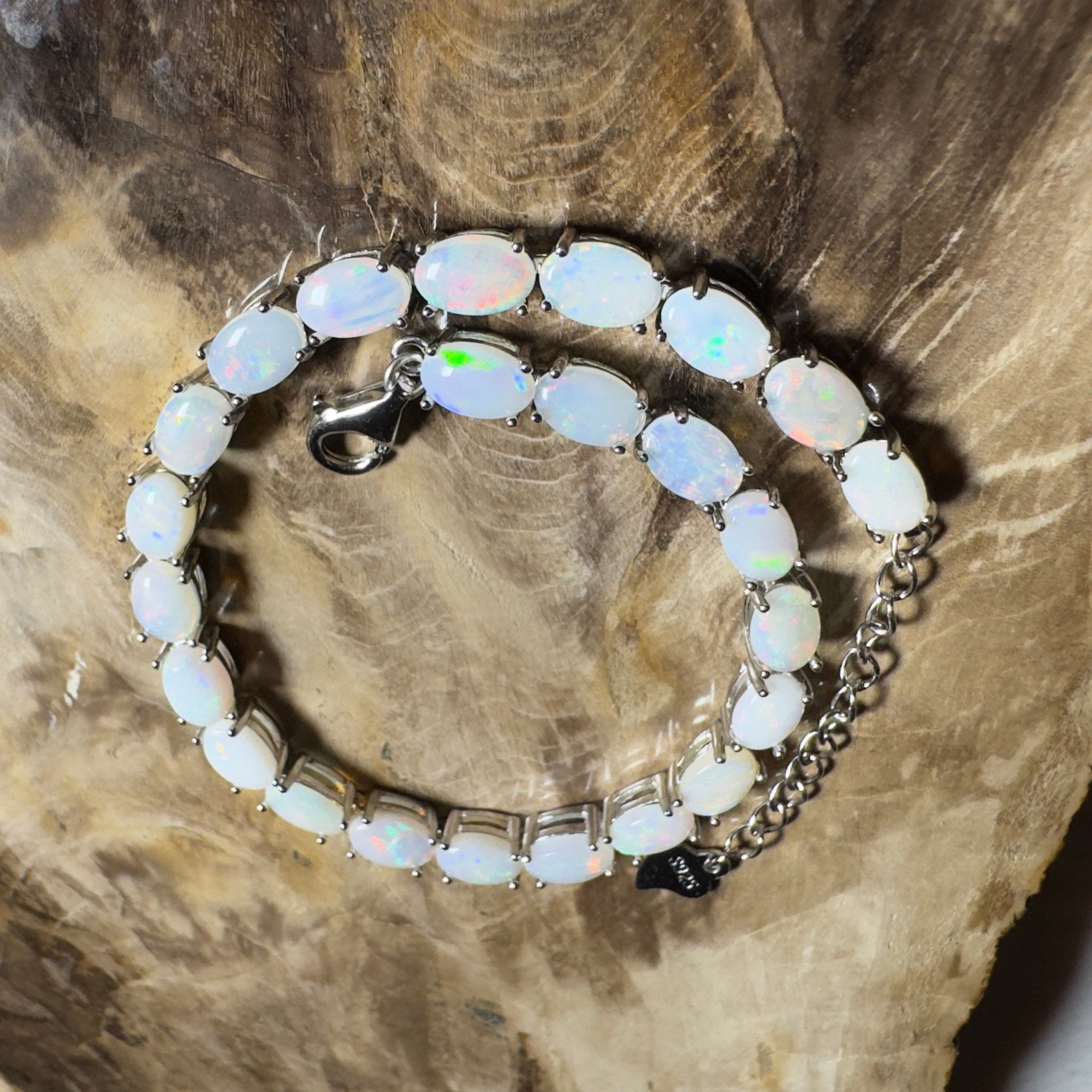 Coral Bay Shimmer ~ 7.2ct Coober Pedy Opal and Cubic Zirconia 925 Sterling Silver Bracelet