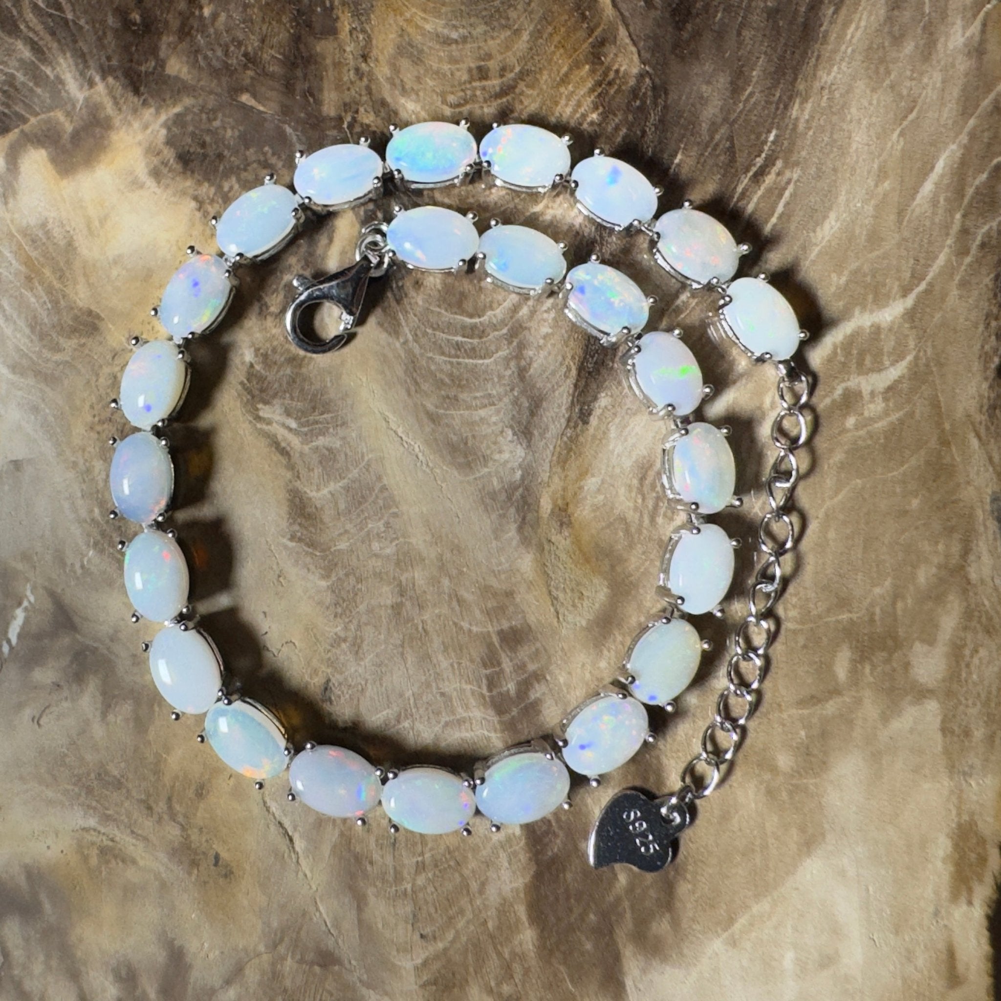 Coral Bay Shimmer ~ 7.2ct Coober Pedy Opal and Cubic Zirconia 925 Sterling Silver Bracelet