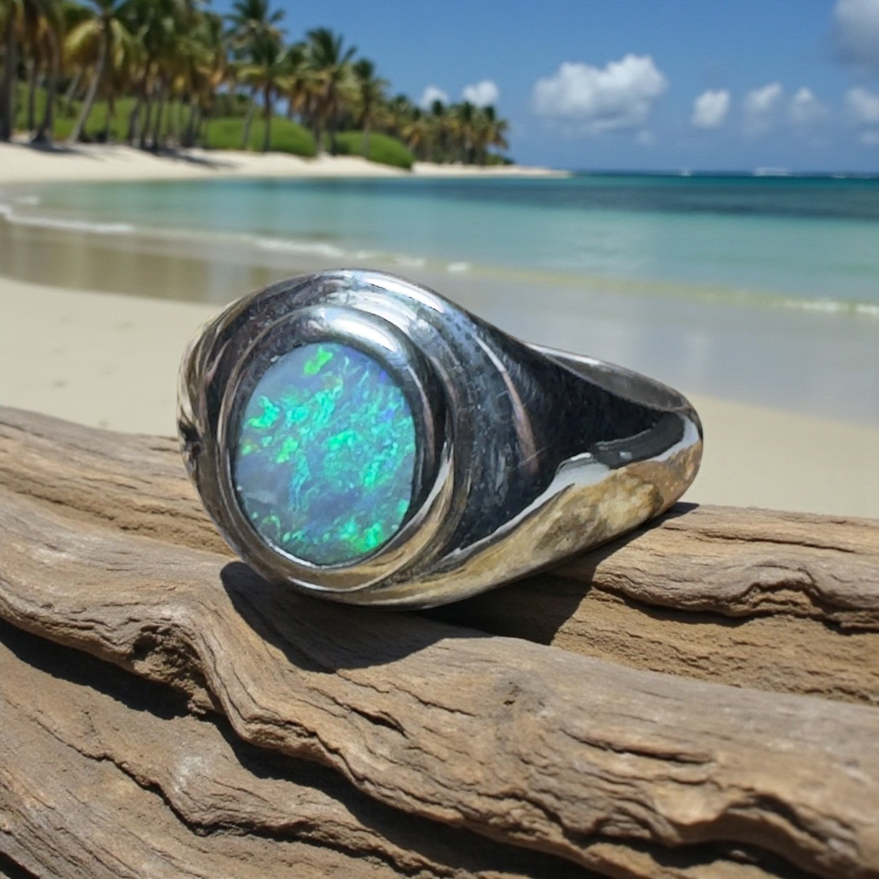 Coral Sea Current – 1.1ct Lightning Ridge Solid Opal 925 Sterling Silver Ring
