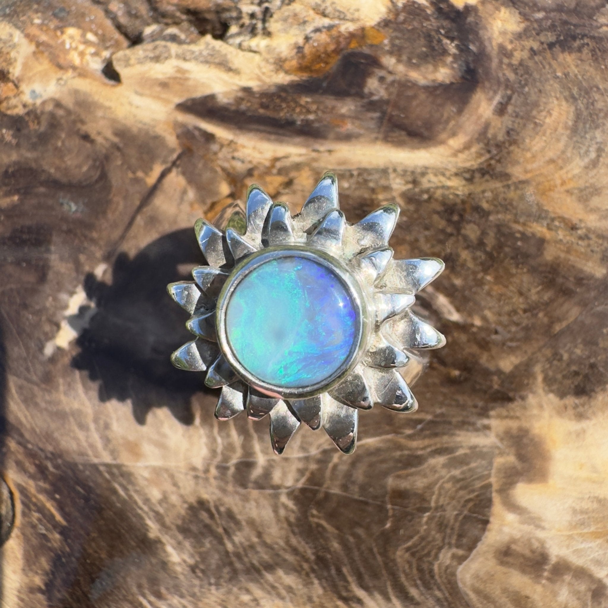 Coral Sunburst – 1.3ct Solid Lightning Ridge Semi Black Opal 925 Sterling Silver Ring