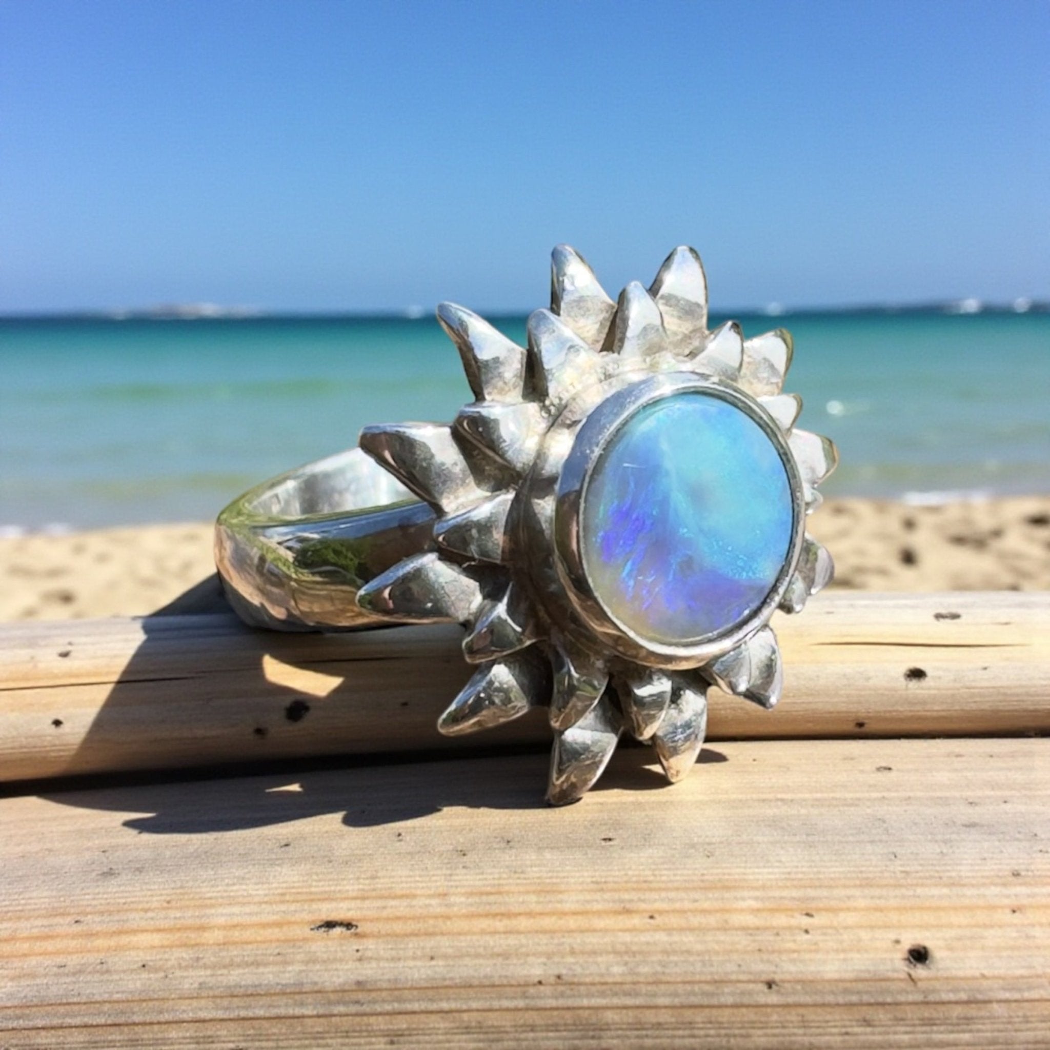 Coral Sunburst – 1.3ct Solid Lightning Ridge Semi Black Opal 925 Sterling Silver Ring
