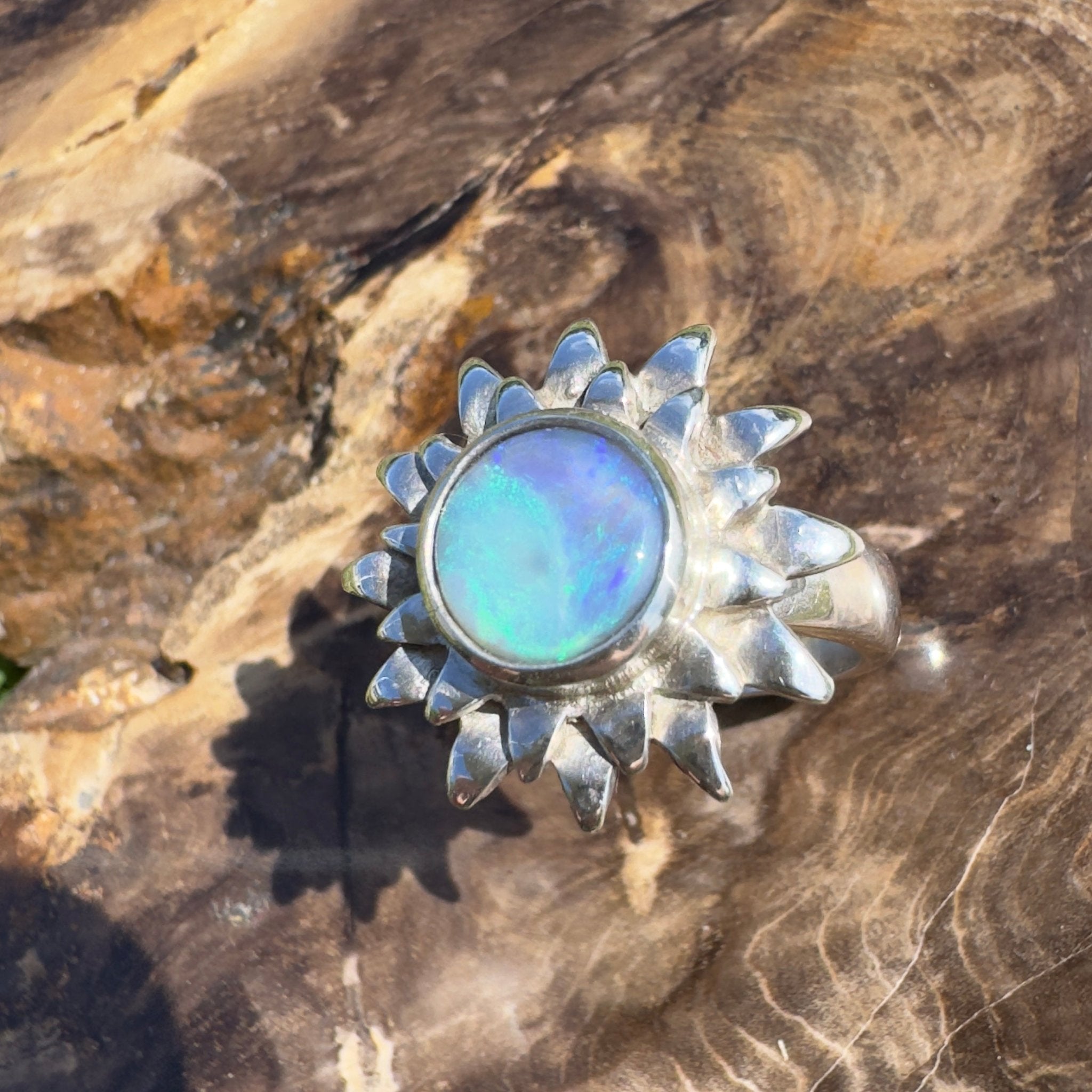 Coral Sunburst – 1.3ct Solid Lightning Ridge Semi Black Opal 925 Sterling Silver Ring