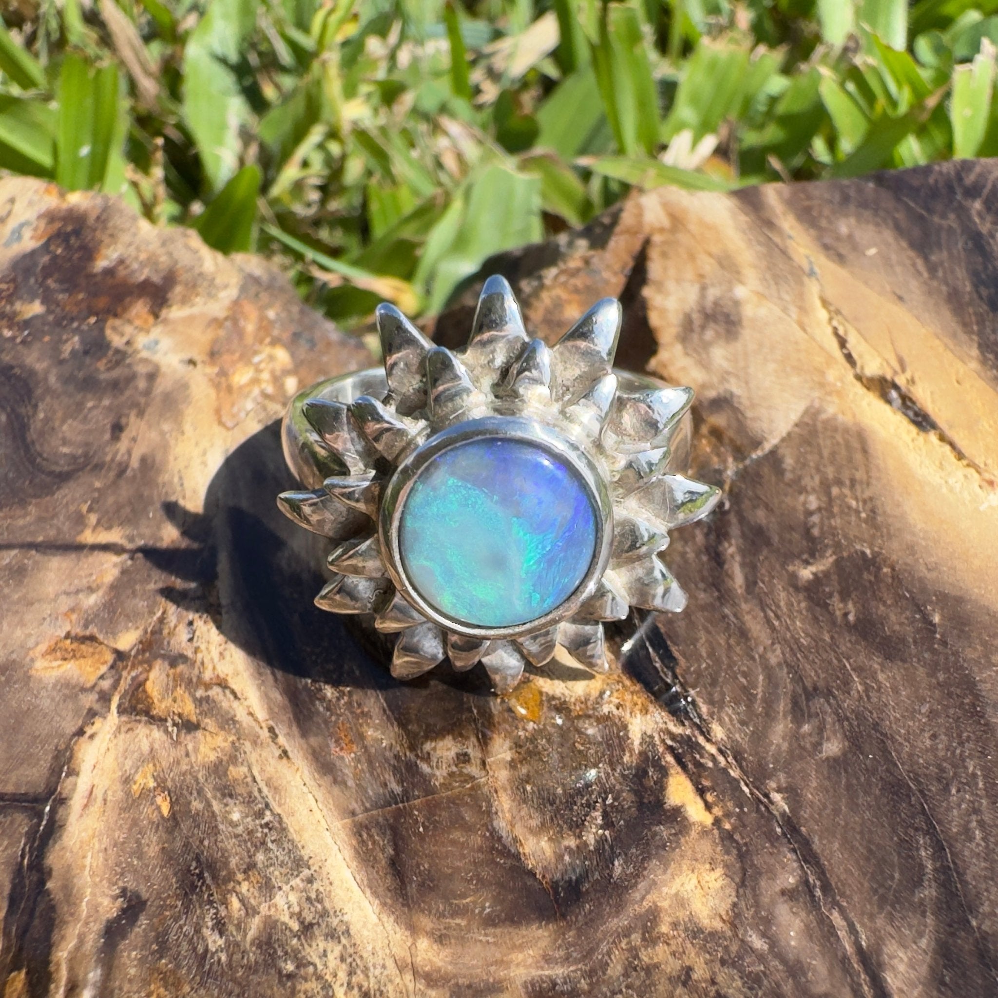 Coral Sunburst – 1.3ct Solid Lightning Ridge Semi Black Opal 925 Sterling Silver Ring