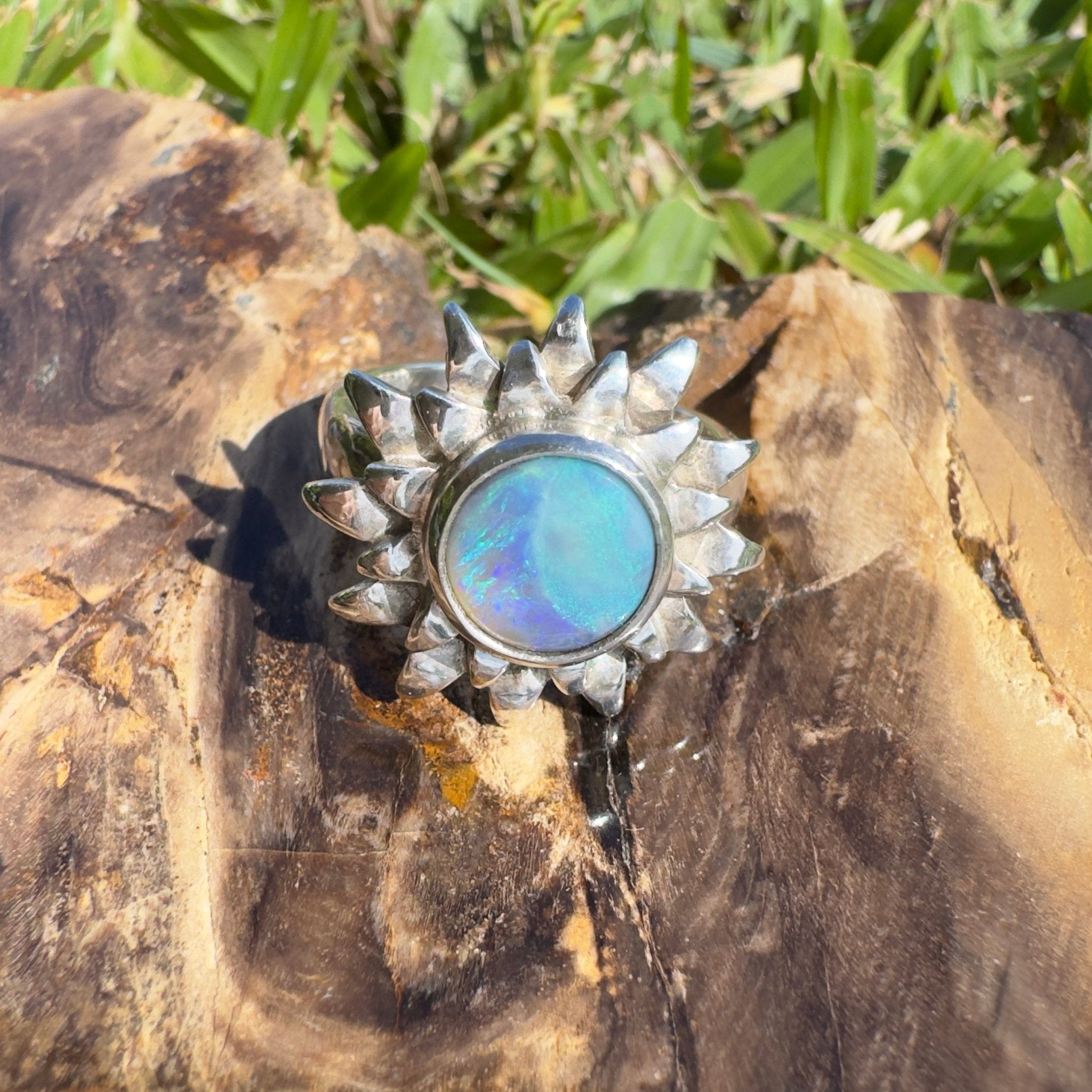 Coral Sunburst – 1.3ct Solid Lightning Ridge Semi Black Opal 925 Sterling Silver Ring