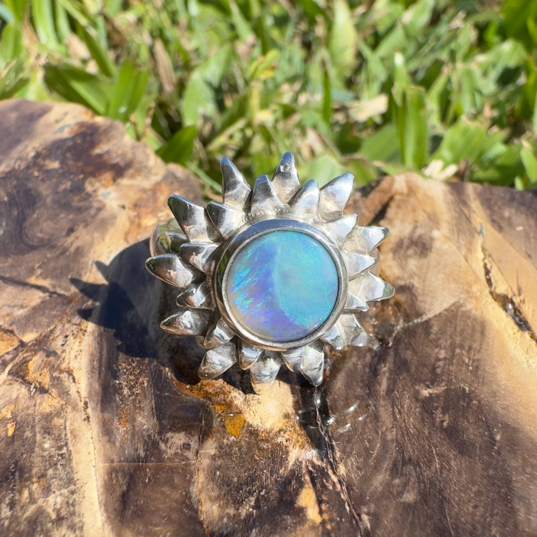 Coral Sunburst – 1.3ct Solid Lightning Ridge Semi Black Opal 925 Sterling Silver Ring