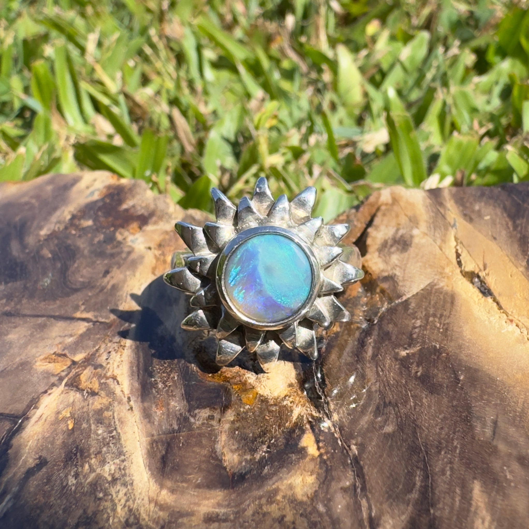 Coral Sunburst – 1.3ct Solid Lightning Ridge Semi Black Opal 925 Sterling Silver Ring