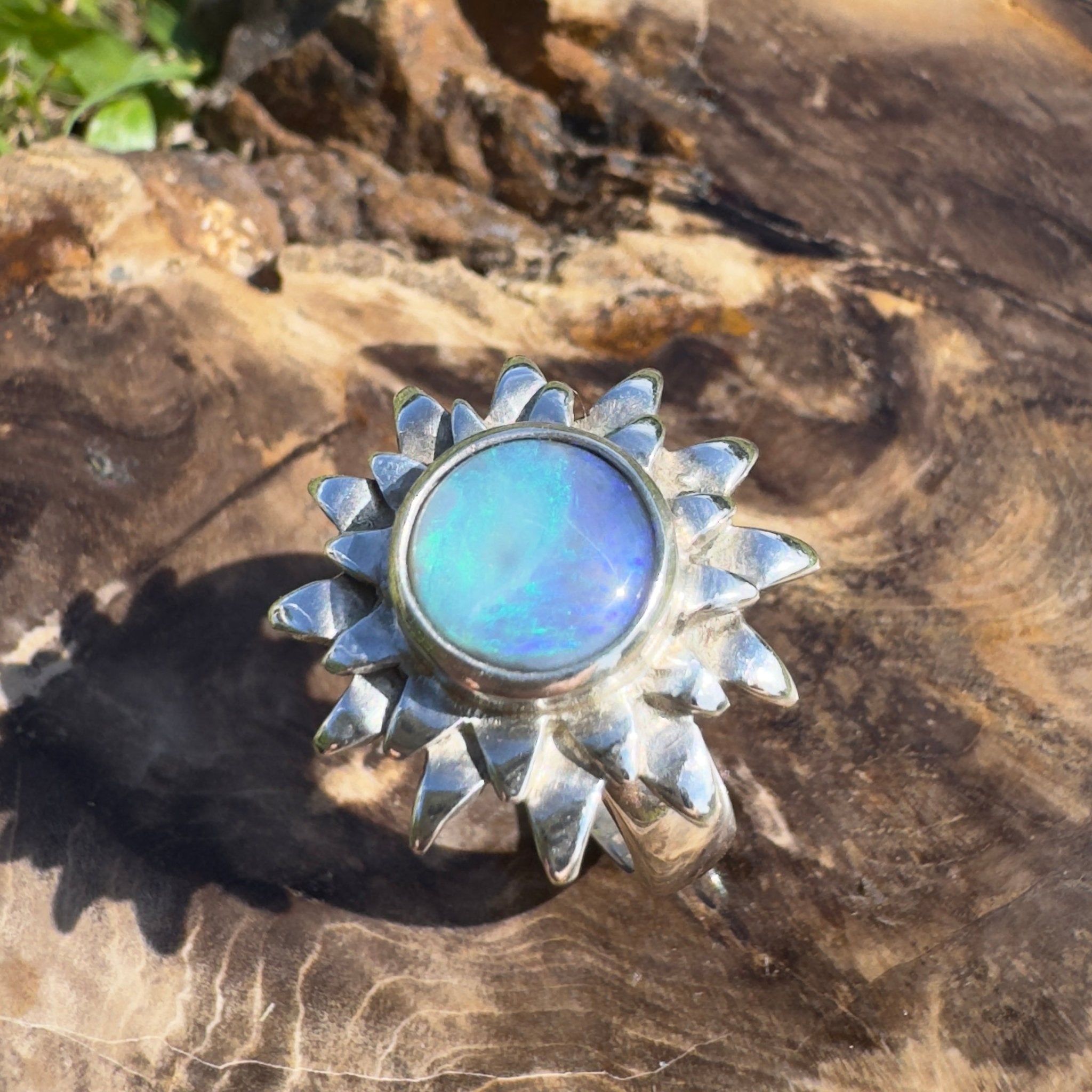 Coral Sunburst – 1.3ct Solid Lightning Ridge Semi Black Opal 925 Sterling Silver Ring