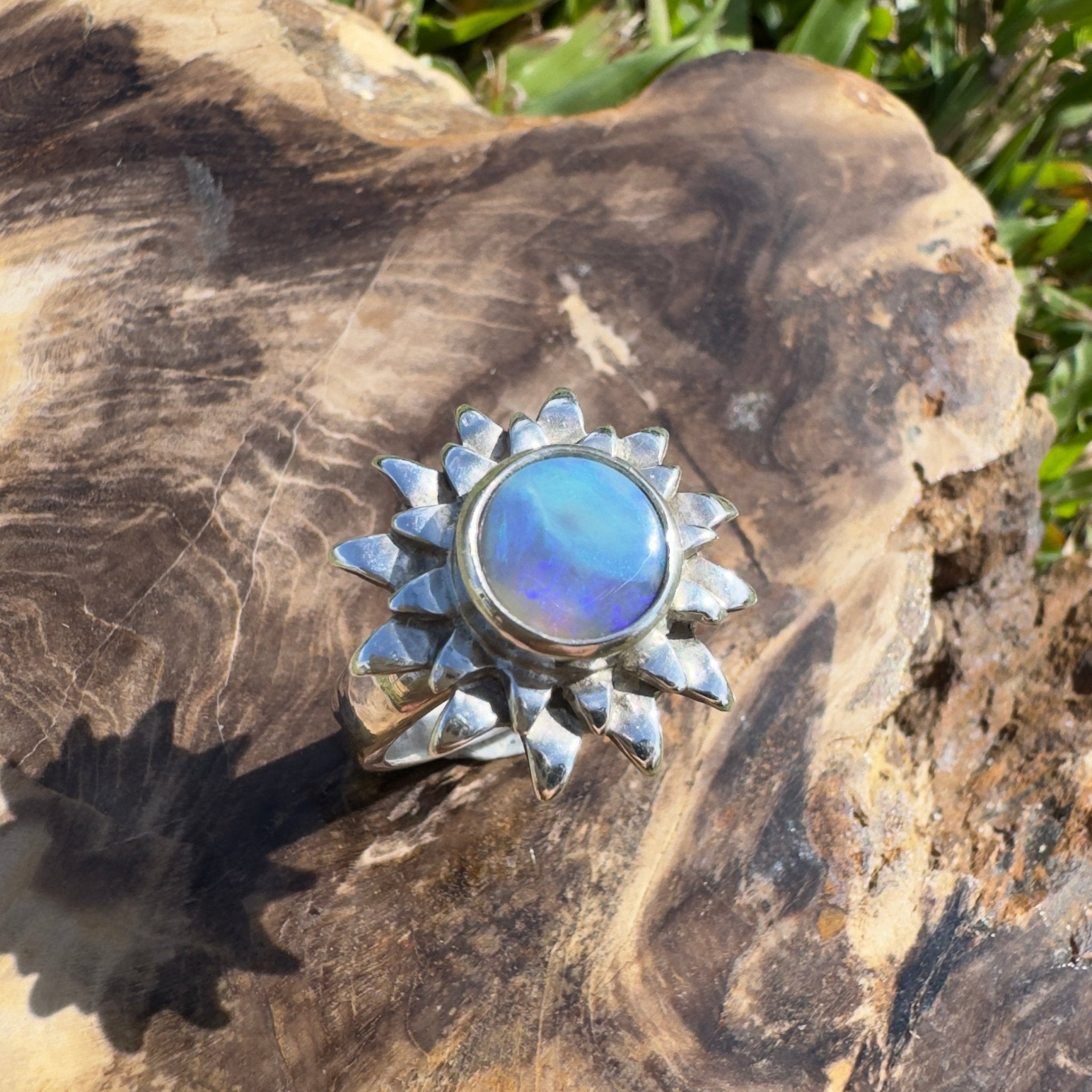 Coral Sunburst – 1.3ct Solid Lightning Ridge Semi Black Opal 925 Sterling Silver Ring