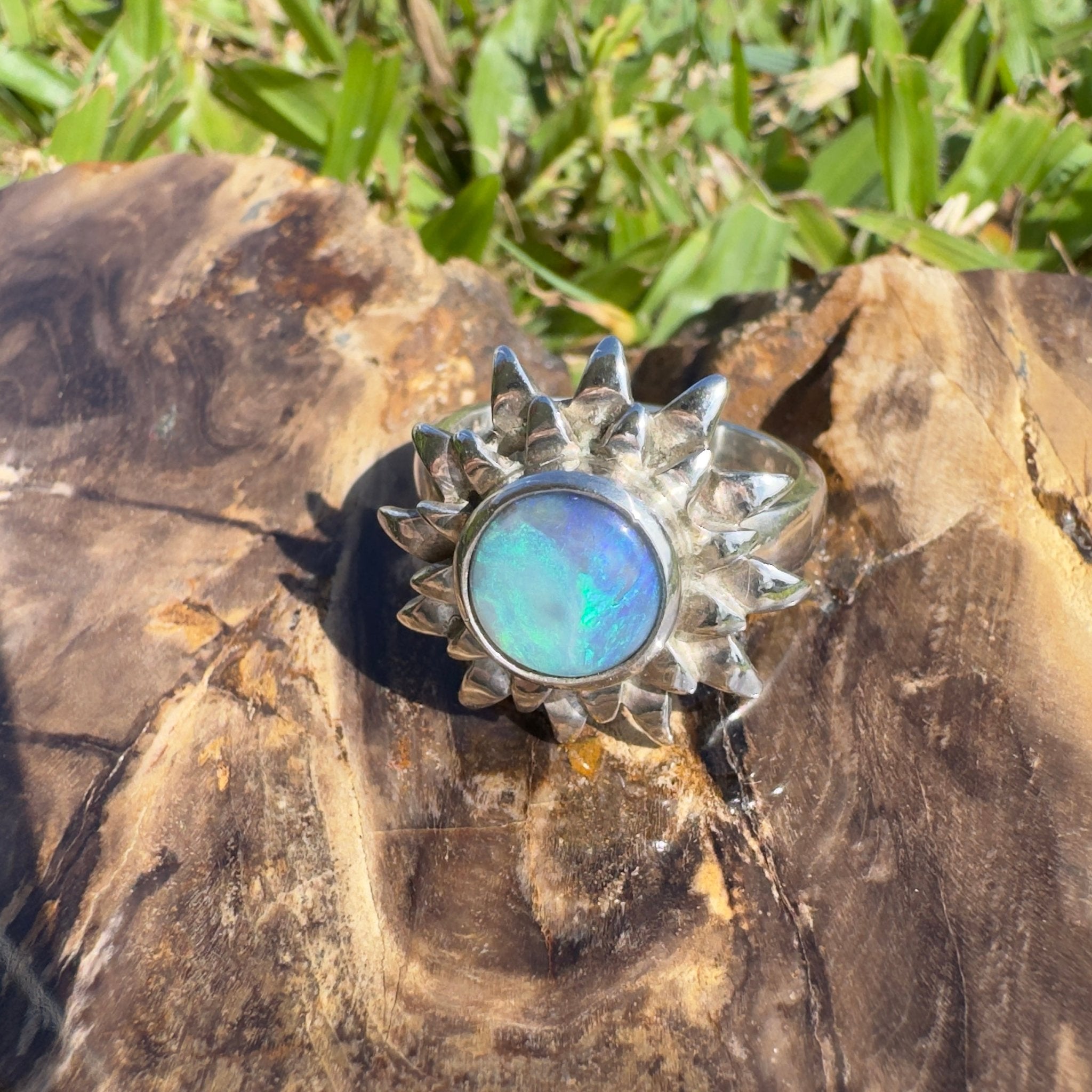 Coral Sunburst – 1.3ct Solid Lightning Ridge Semi Black Opal 925 Sterling Silver Ring