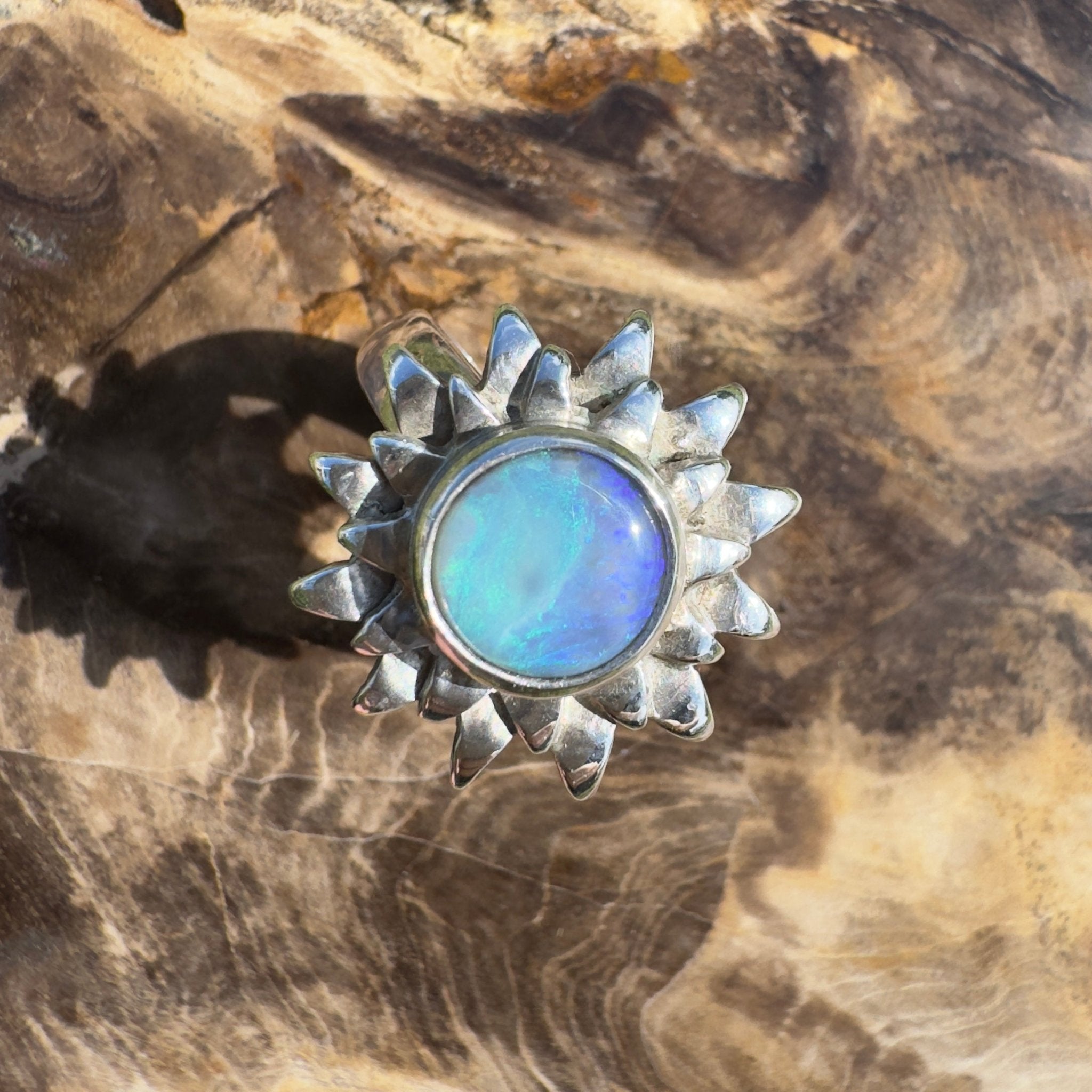 Coral Sunburst – 1.3ct Solid Lightning Ridge Semi Black Opal 925 Sterling Silver Ring