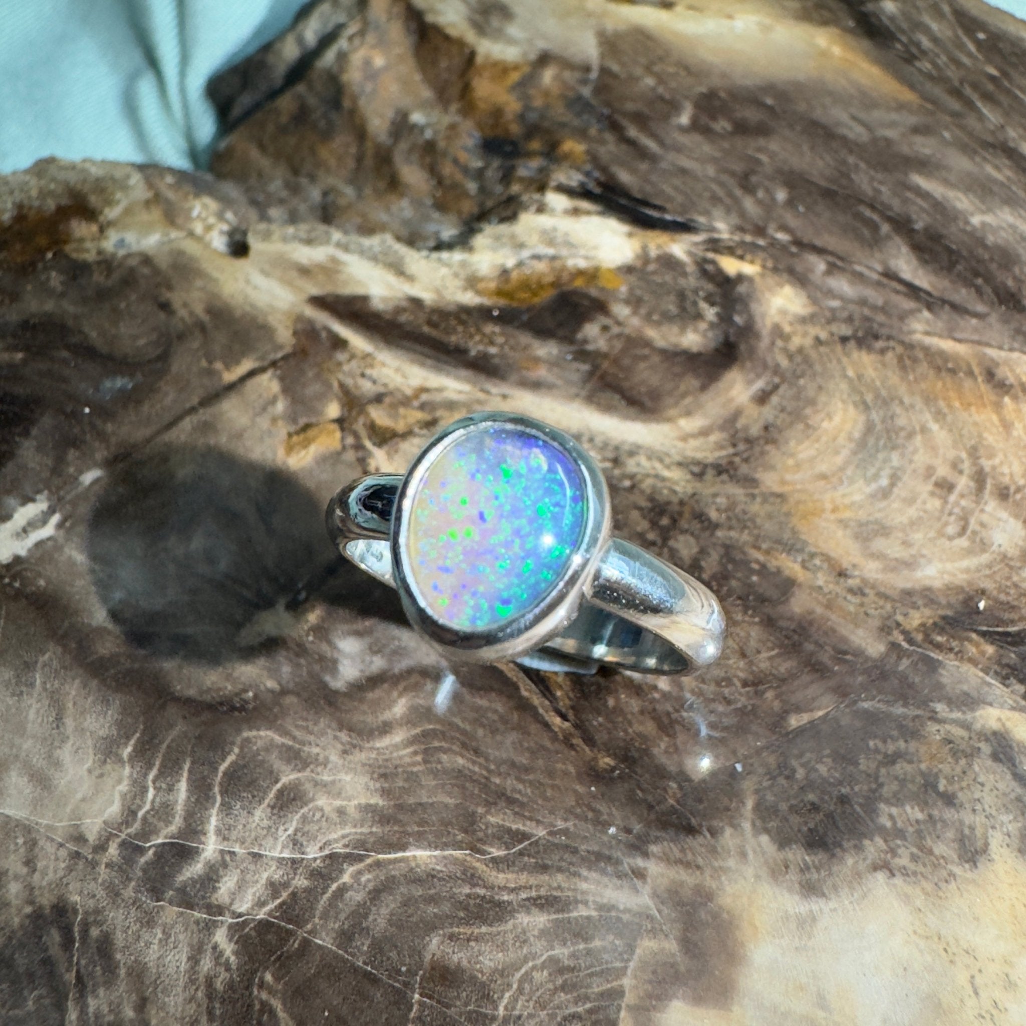 Daintree Canopy – 1.25ct Solid Lightning Ridge Crystal Opal 925 Sterling Silver Ring