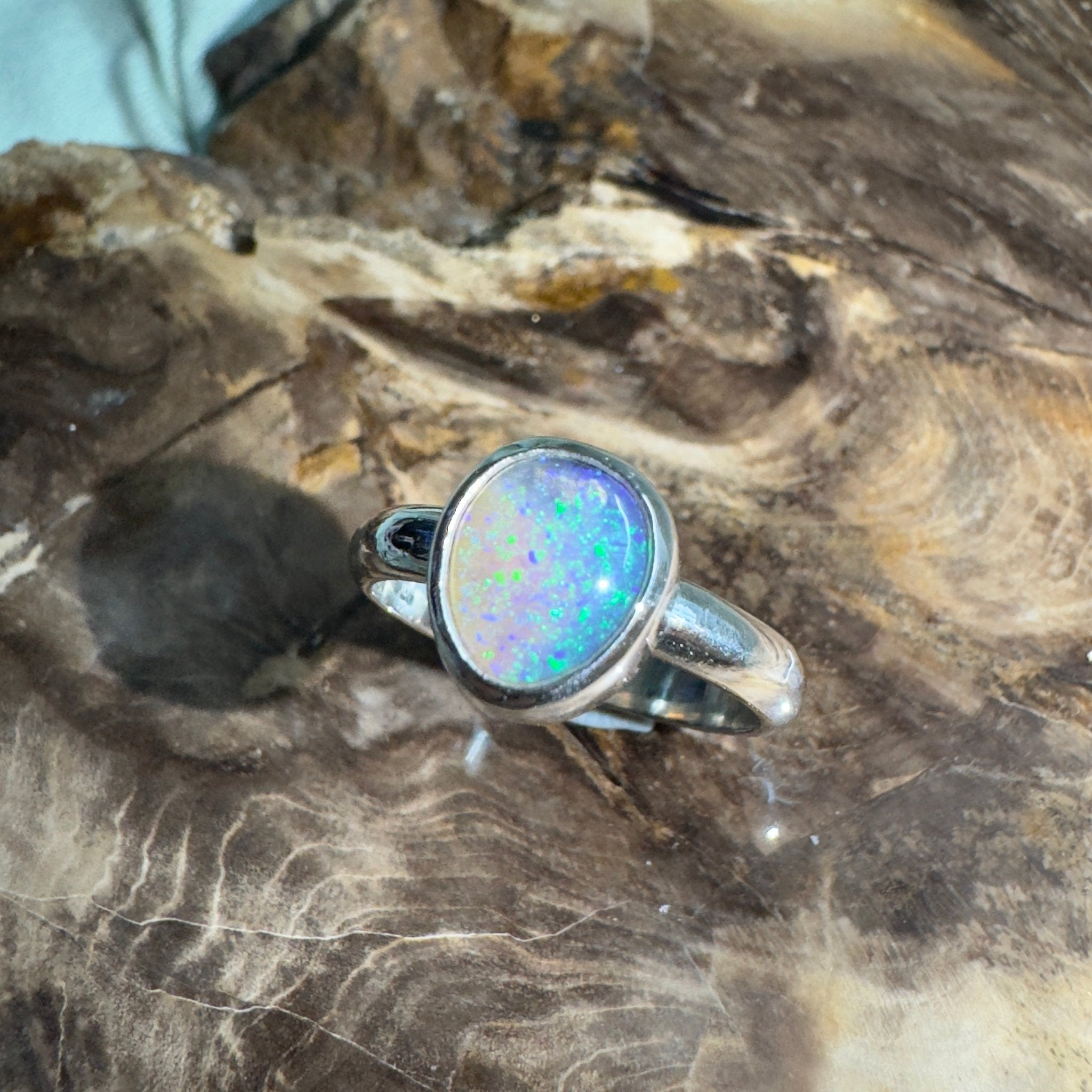 Daintree Canopy – 1.25ct Solid Lightning Ridge Crystal Opal 925 Sterling Silver Ring