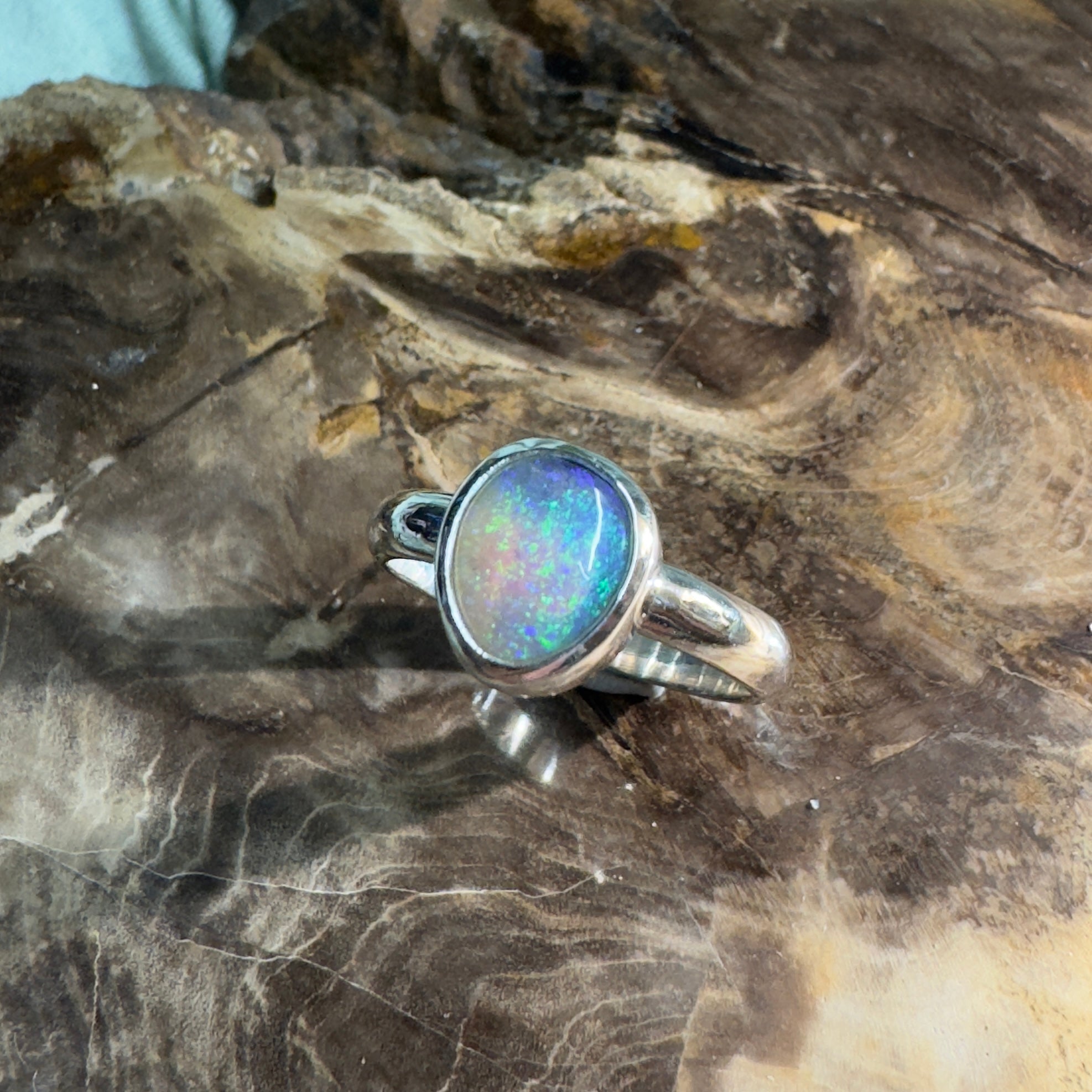 Daintree Canopy – 1.25ct Solid Lightning Ridge Crystal Opal 925 Sterling Silver Ring